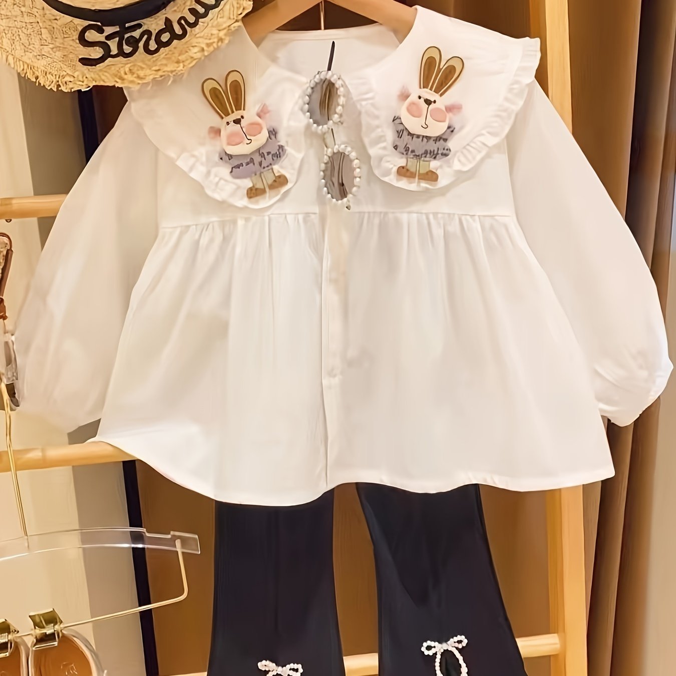Image of Girls' Shirt 2024 New Doll Style Blouse For Girls, Large Collar White Shirt, Girly Peter Pan Collar Rabbit Top, Korean Style