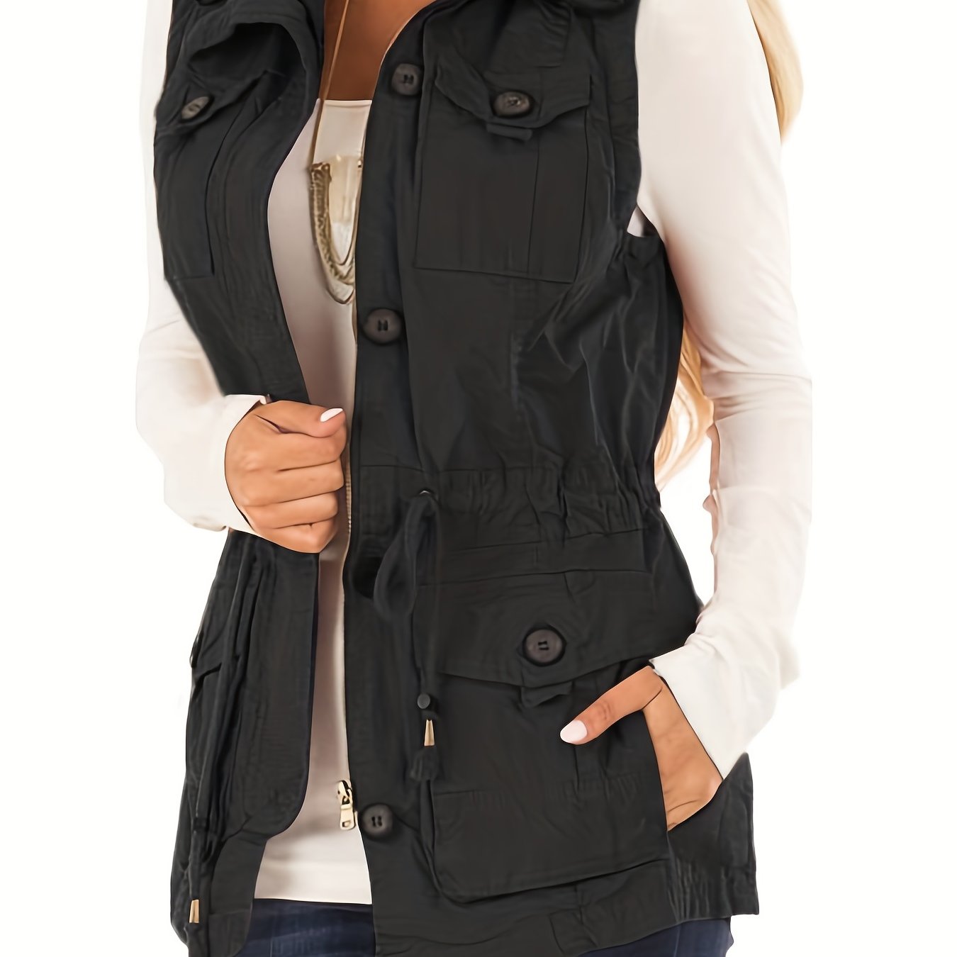 Women's Casual Multi-functional Lightweight Sleeveless Drawstring Vest Jacket With Pockets