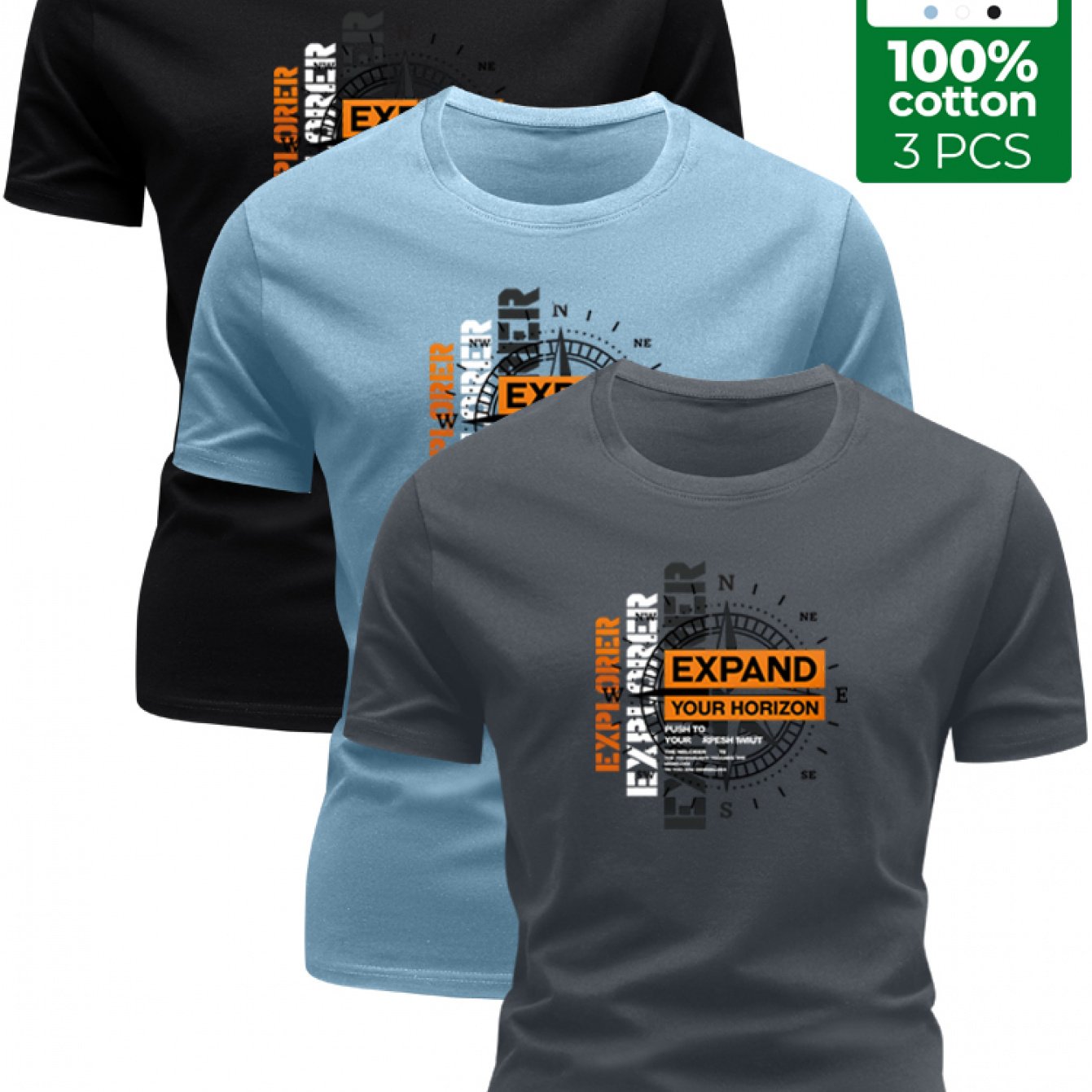 3pcs 100% T-shirt With Adventure-style Compass Print, Casual Crew Neck Design, Summer Trend