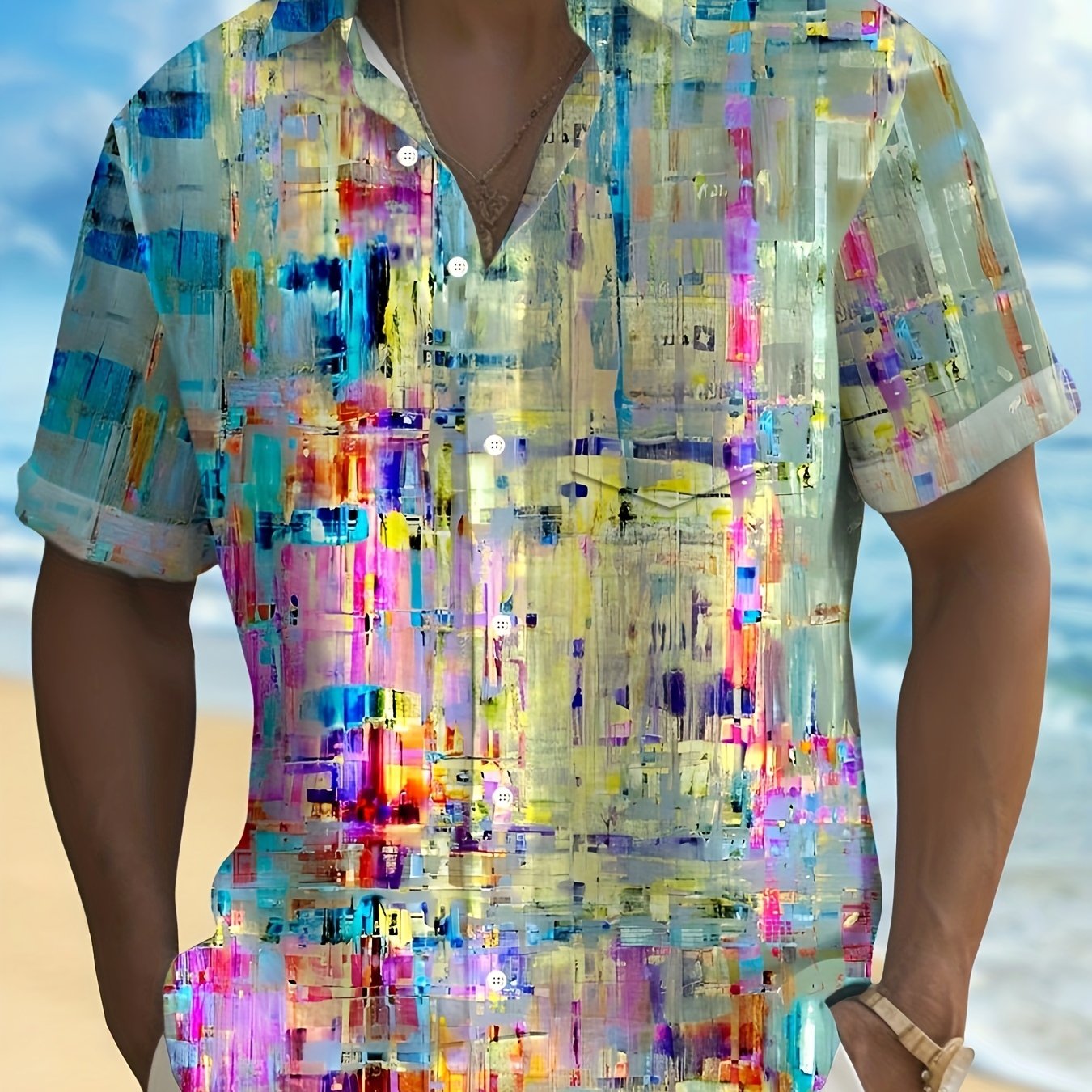 Vibrant Abstract Gradient Art Print Men's Short Sleeve Button-up Shirt With Chest Pocket - Polyester, & Casual Wear, Machine Washable