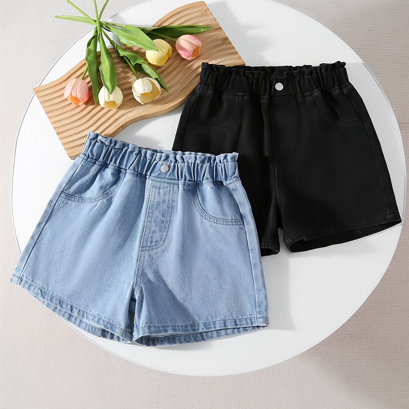 Image of Girls' Jeans 2pcs Targeted Development Girls' Big Kids Straight Denim Shorts All-match Elastic Waist Solid Color Easy Denim Shorts 2pcs Set Summer Style