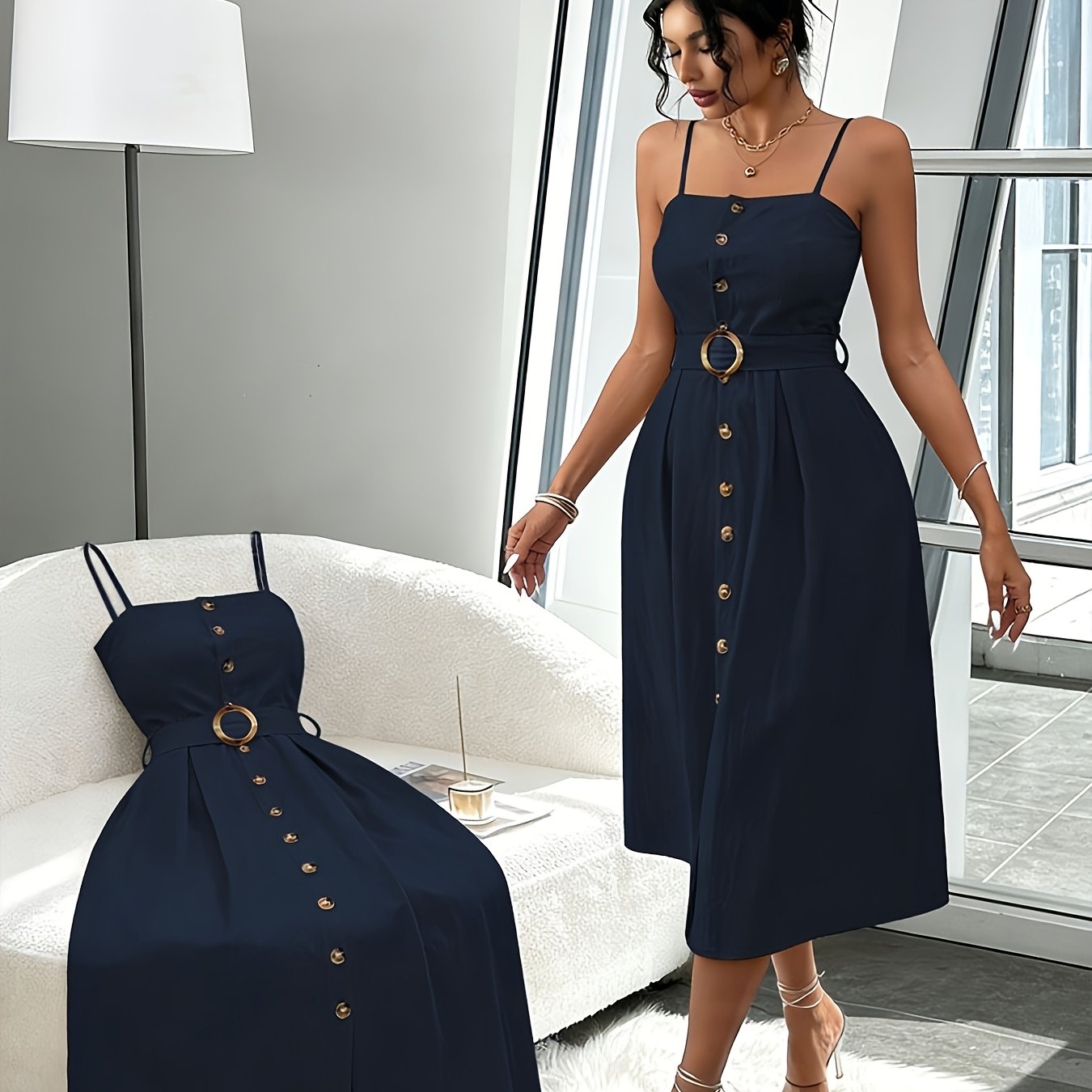 A Stylish And Elegant Sleeveless Dress With Easy Button Decorations, Perfect For Daily Commutes And Dates, Featuring A Mid-length Design And A Belt