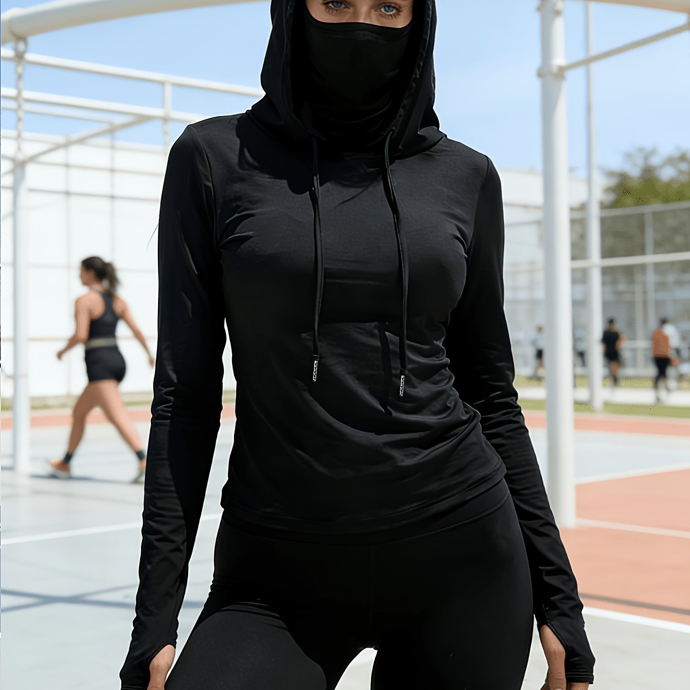 TEMU Women's Casual Tech Style, Face Mask Included, Face Covering Long Sleeve Ice Versatile Hooded Sweatshirt