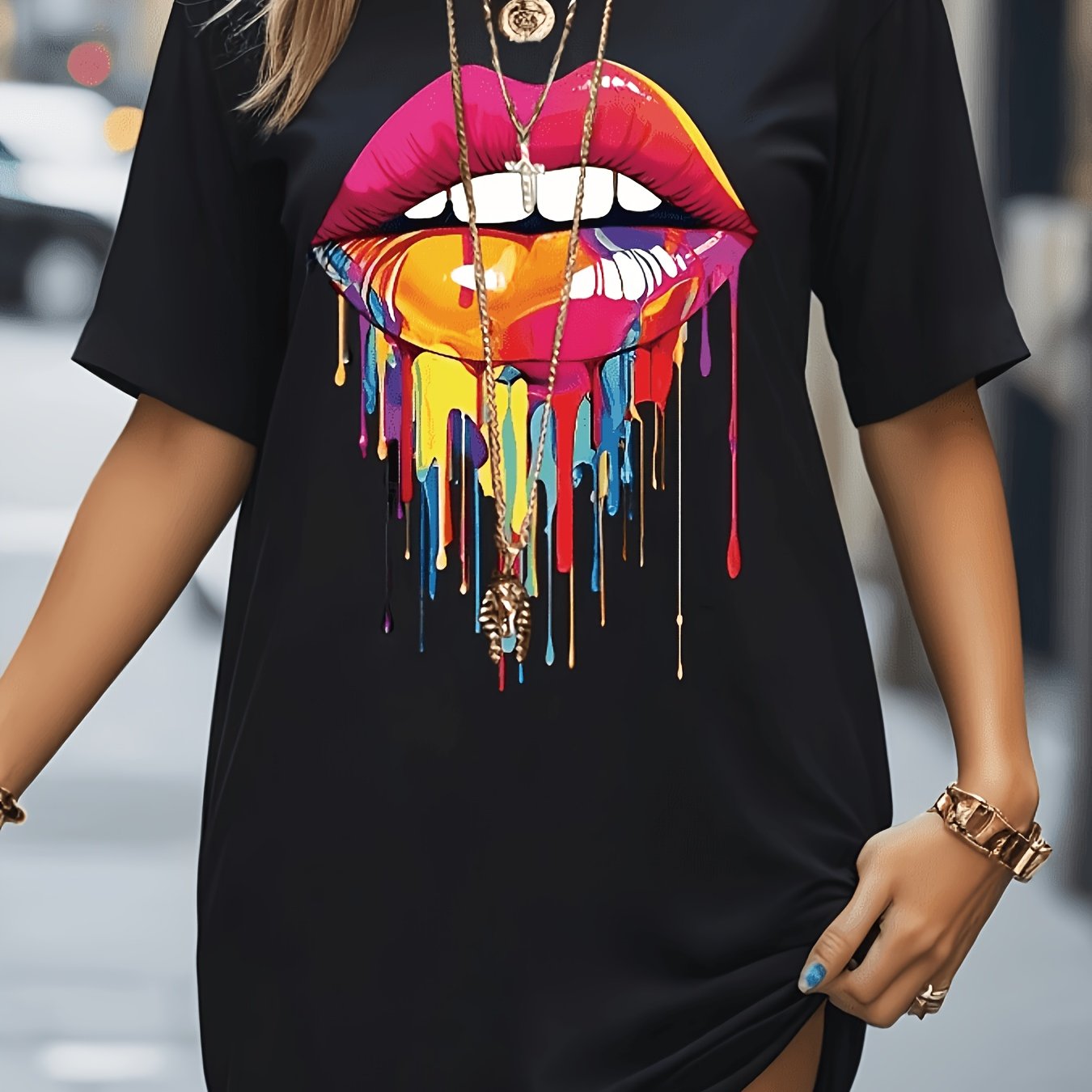 TEMU [Design Imprimé 2D - Pas Texturé, Pyjama Décontracté] T-shirt Robe Art Lèvres Gouttelettes, Vêtement de Festival, T-shirt Robe à - Col Rond