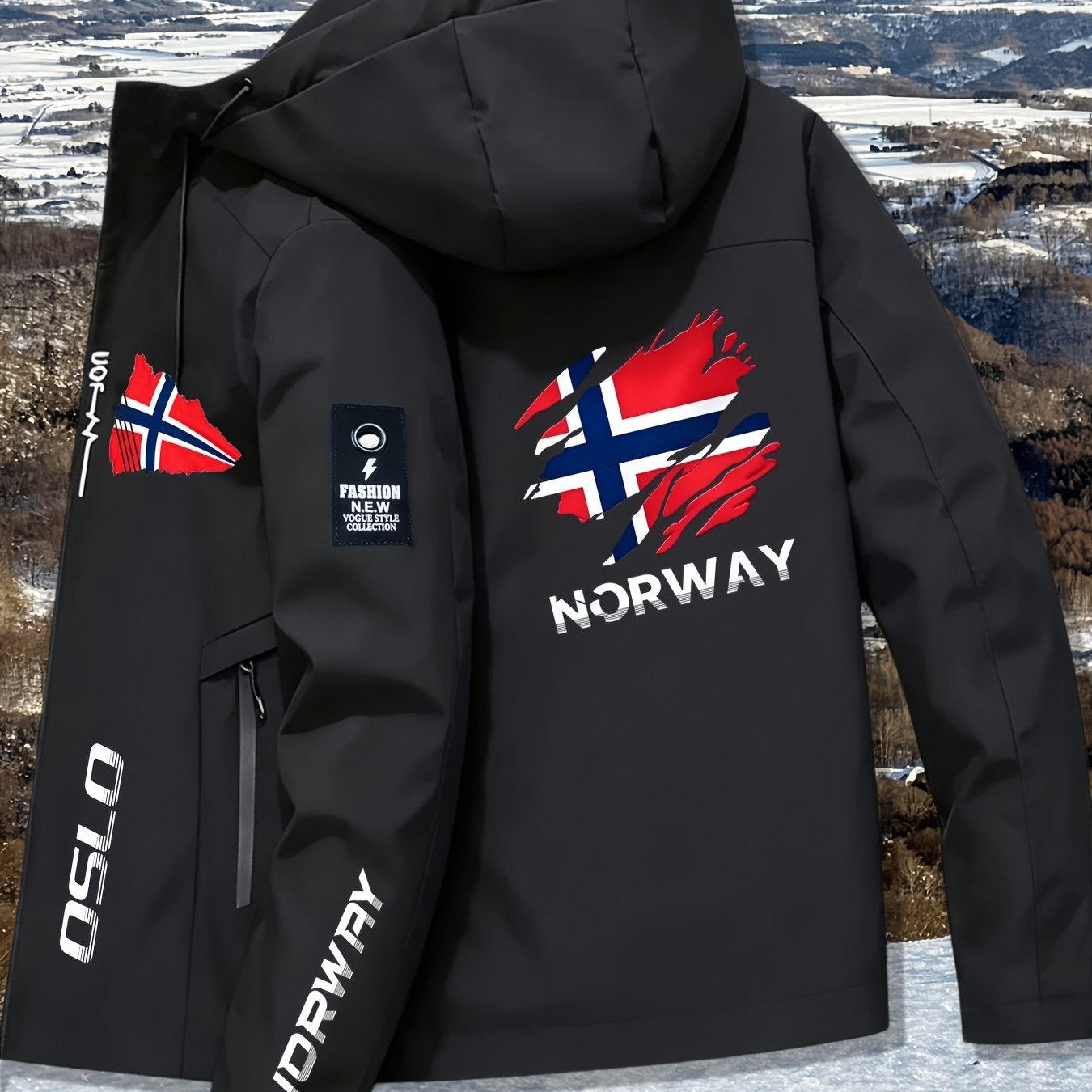 TEMU Men's Outerwear Print Jacket, Vintage Ripped Norway Flag Oslo Text Print Hooded Coat, Trendy Versatile Casual Outfit For Young Men