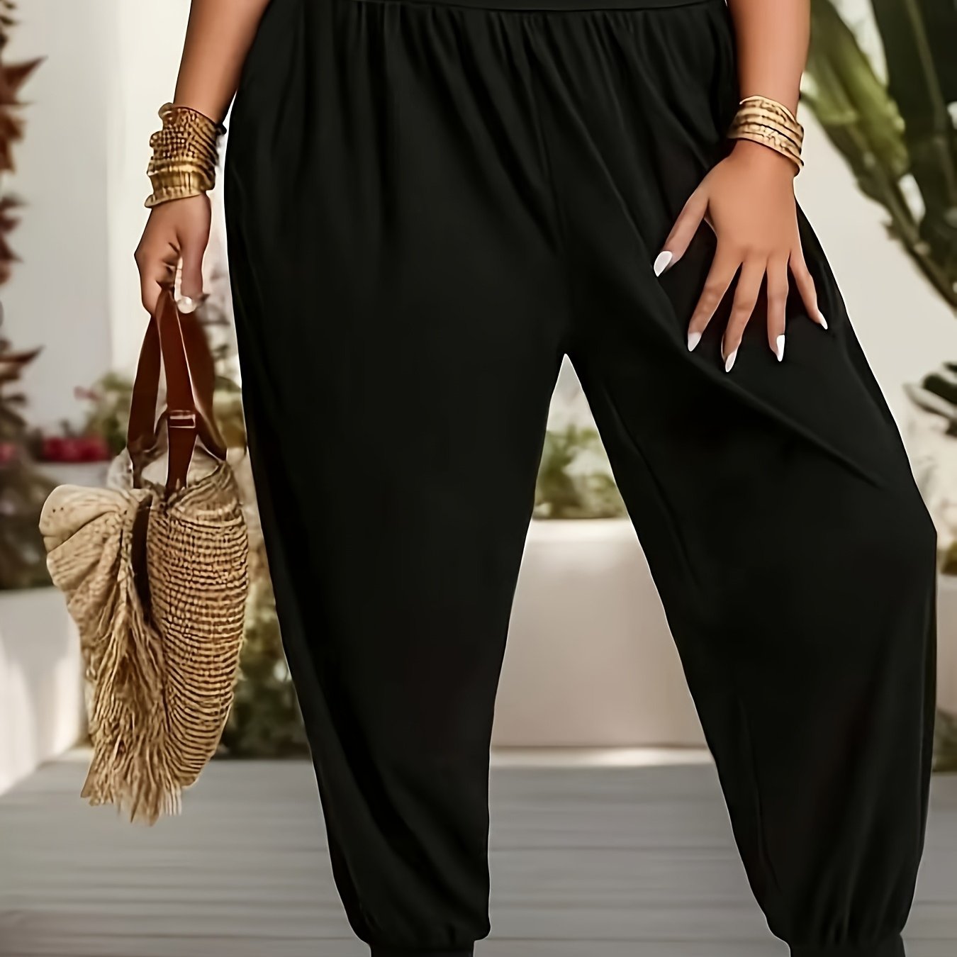 E-shop Plus Size, Damen Plus Size Haremshose in Unifarben, Elegante Plissierte Hose mit Elastischem Bund Schmaler Passform, Lockerer Casual Allrounder