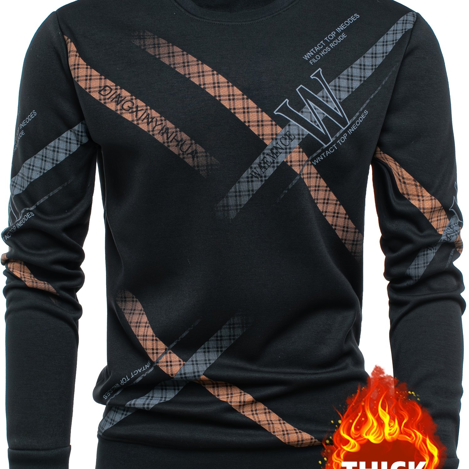 TEMU Men's Thermal Long Sleeve Round Neck Sweater With Striped & English Lettering - Soft Warm Pullover For Fall Winter, Casual Sweaters Suitable For