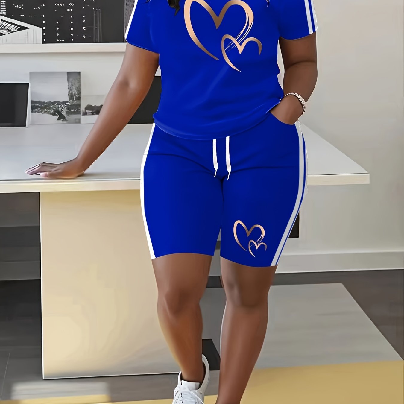 TEMU Plus Size, Valentine's Day Themed Women's Short-sleeve Top And Shorts Casual 2pcs Set, Featuring Heart And Letter Prints, With Drawstring Side