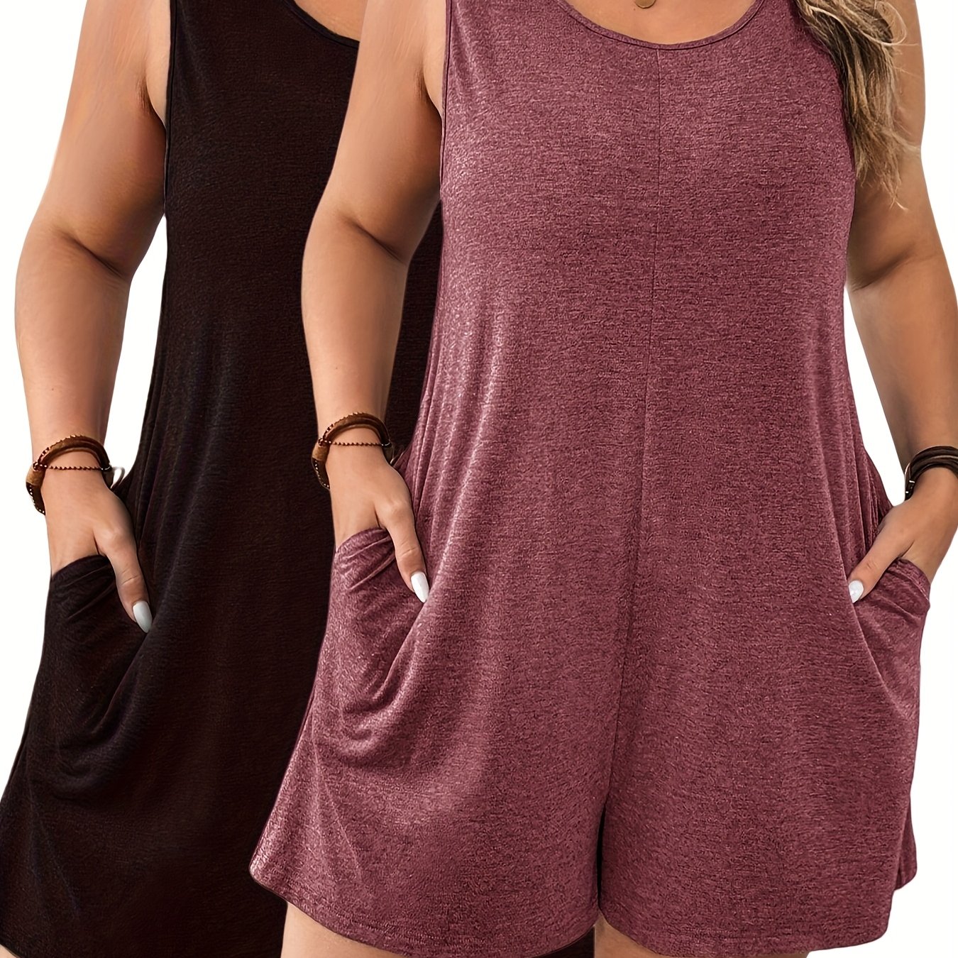 TEMU Plus Size - Plus Size - A Two-piece Set Of Plus-size Women' Color Sleeveless Jumpsuit