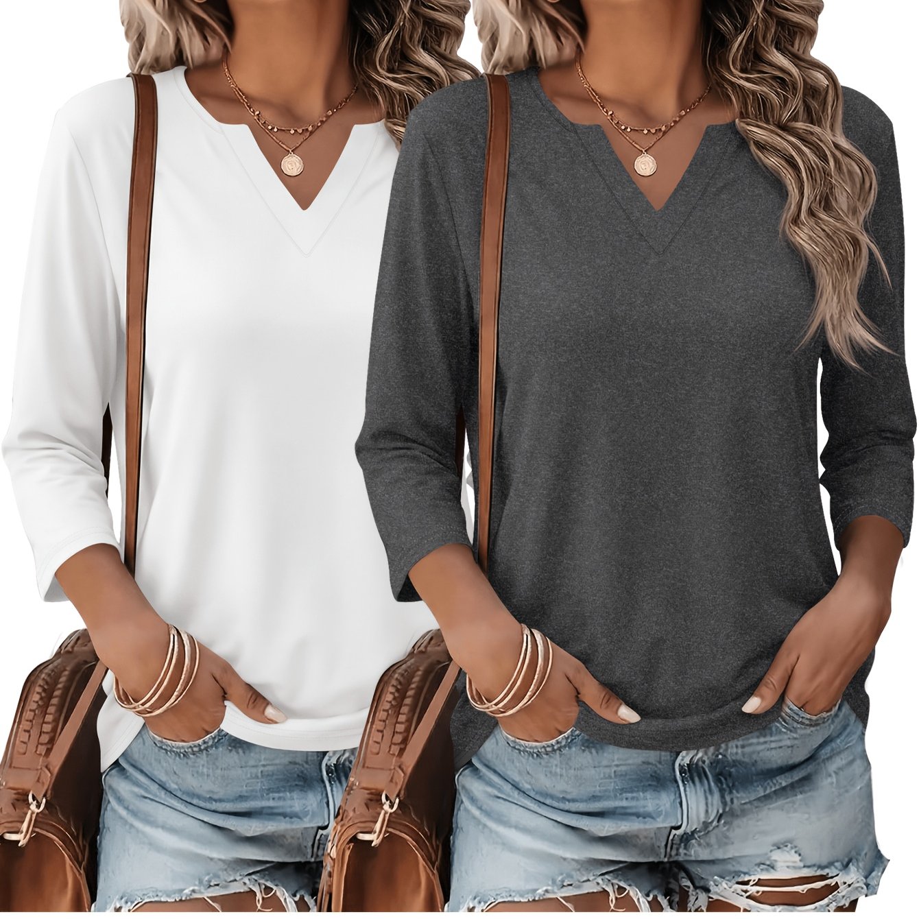 TEMU 2pcs - Summer New Casual Fashion Solid Color V-neck T-shirt 2pcss Set