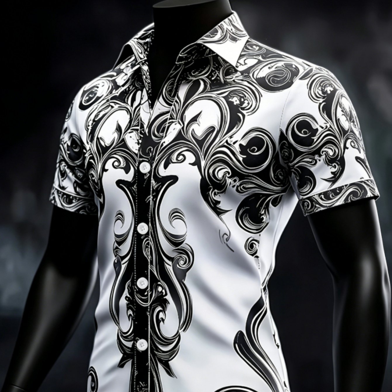 TEMU Men's Baroque Style Short Sleeve Shirt - With Intricate Black And White Swirl Patterns - Men's Paisley Casual Formal Shirt, No Lining, For