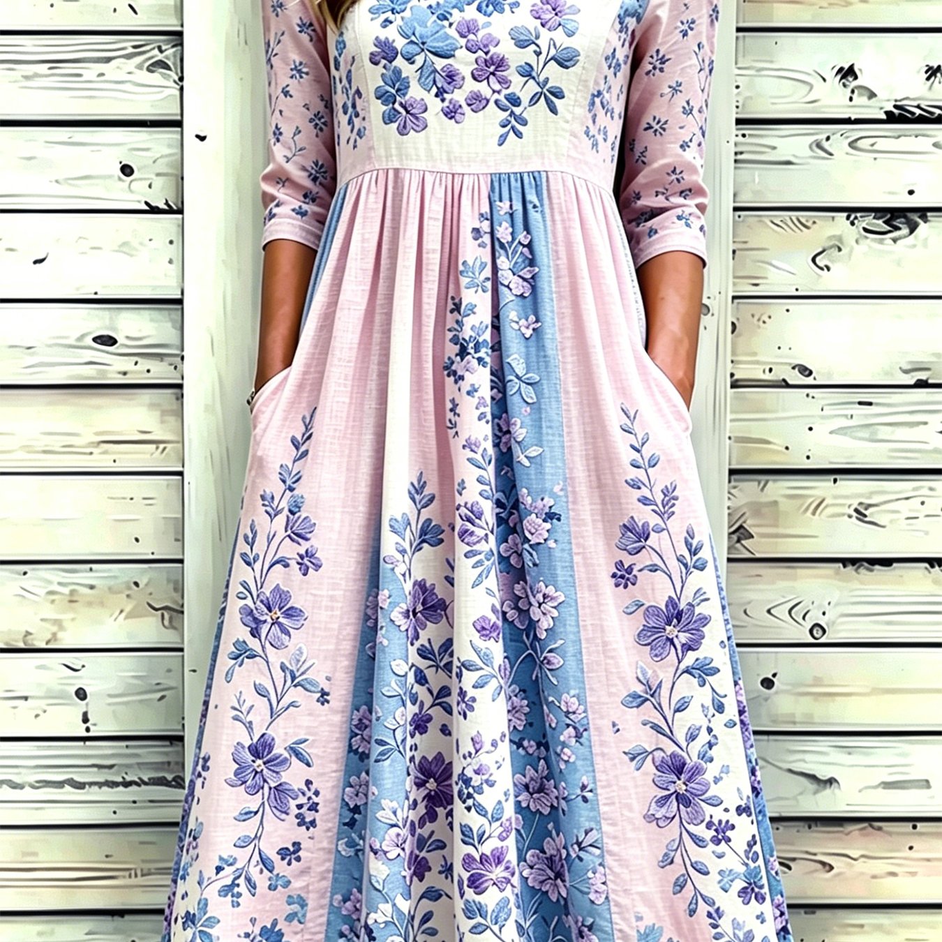 Summer Women's Floral Prints Midi Dress, Casual 3/4 Sleeve Round Neck A Line Dress With Side Pockets