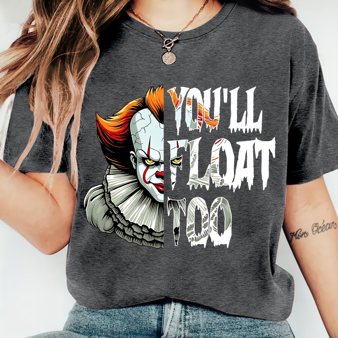 TEMU Wb Women's Pennywise Clown Print T-shirt - Official Licensed " Float Too" Crew Neck Short Sleeve Top, Soft Comfortable Casual Suitable For,