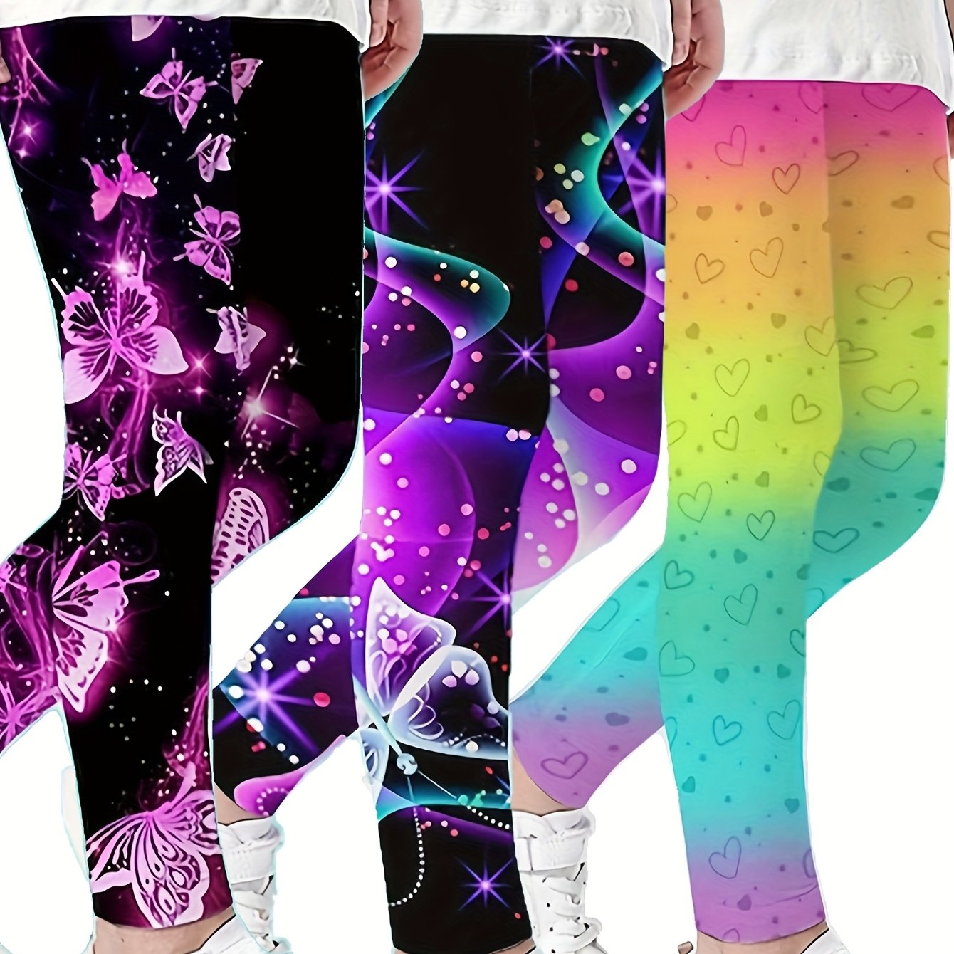 Image of 3pcs European And Girls' Leggings 's 3d Printed Casual Pants Purple Colorful Love Comfortable Breathable Polyester Fabric Festival Gift Suitable For
