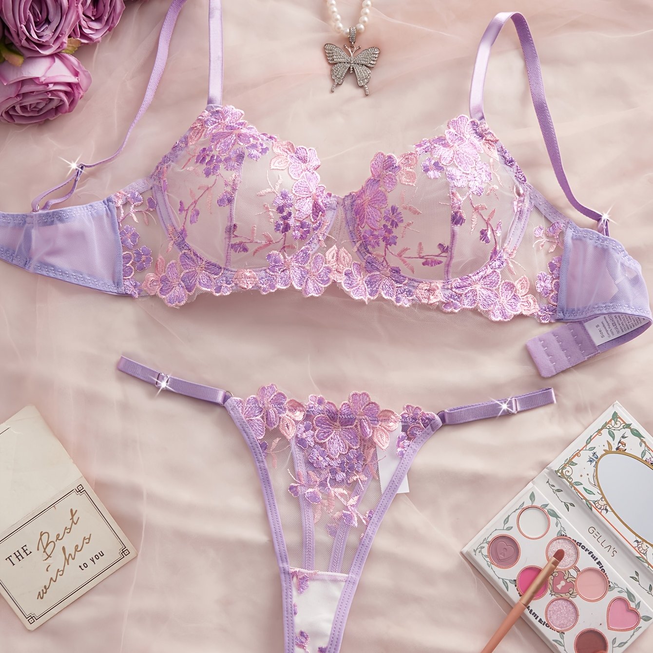E-shop Lila bestickter BH mit Blumenmuster, romantisches wunderschönes BH-Set für Damen in Übergrößen