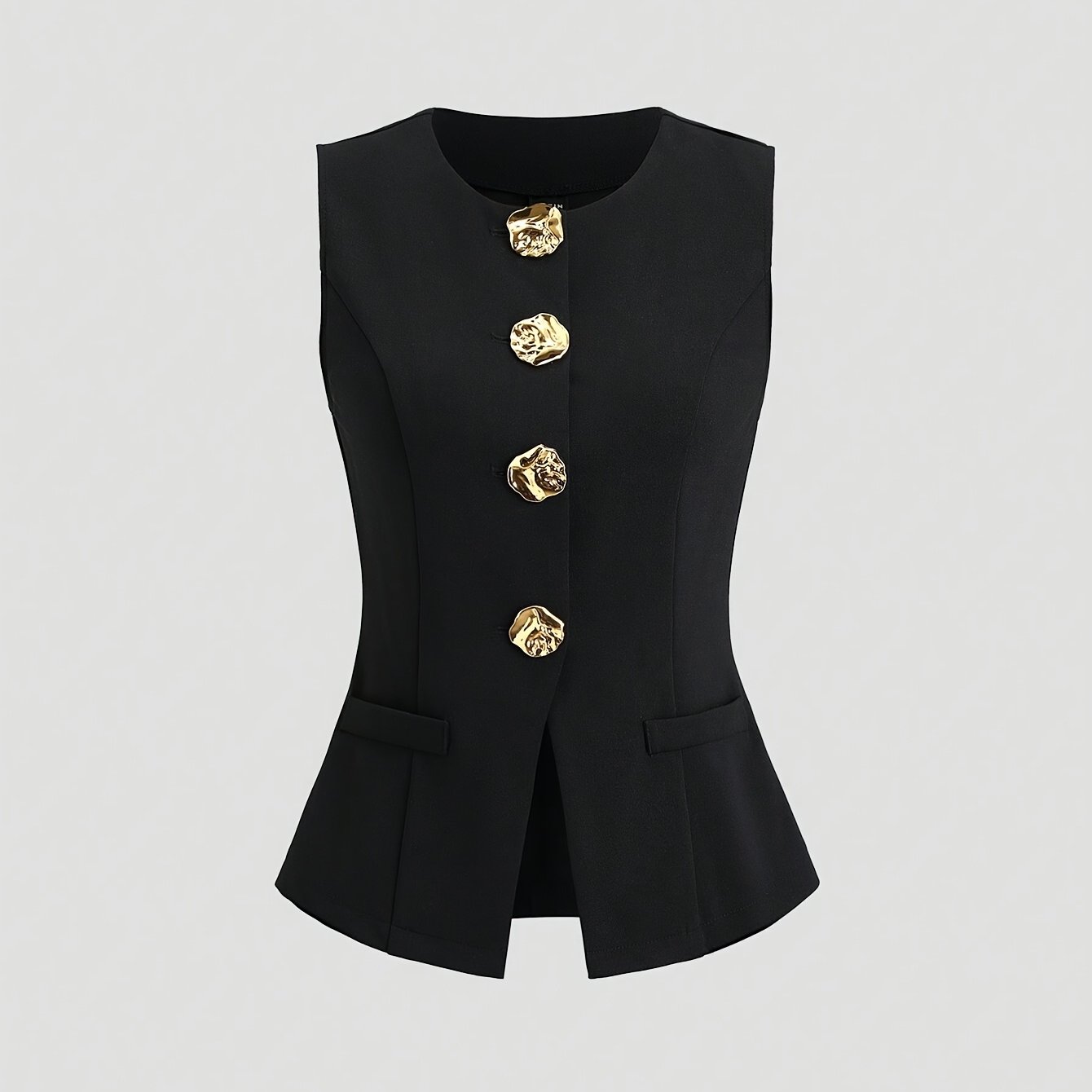 Elegant Solid Color Metal Button Sleeveless Women's Top
