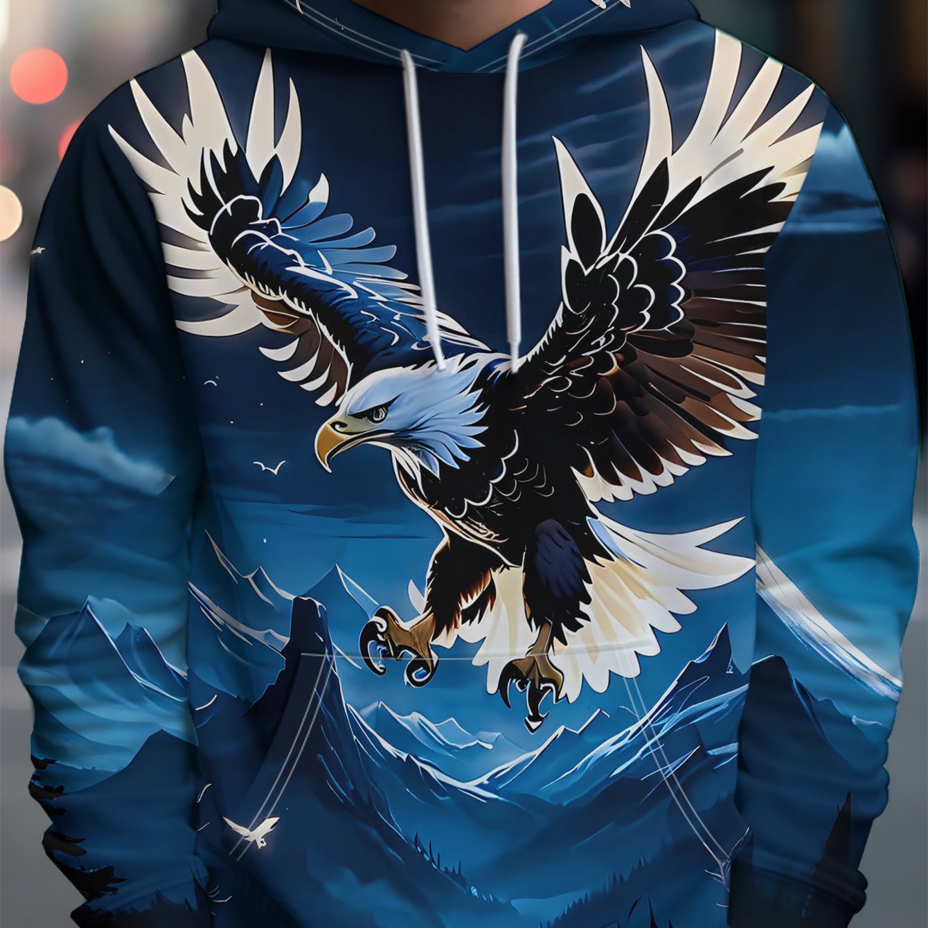 TEMU Men's Hooded Sweatshirt, Spring/autumn Eagle Print Loose Jacket, Youth Trendy Drawstring Pullover, Polyester Fiber Warm Top, Machine Washable,