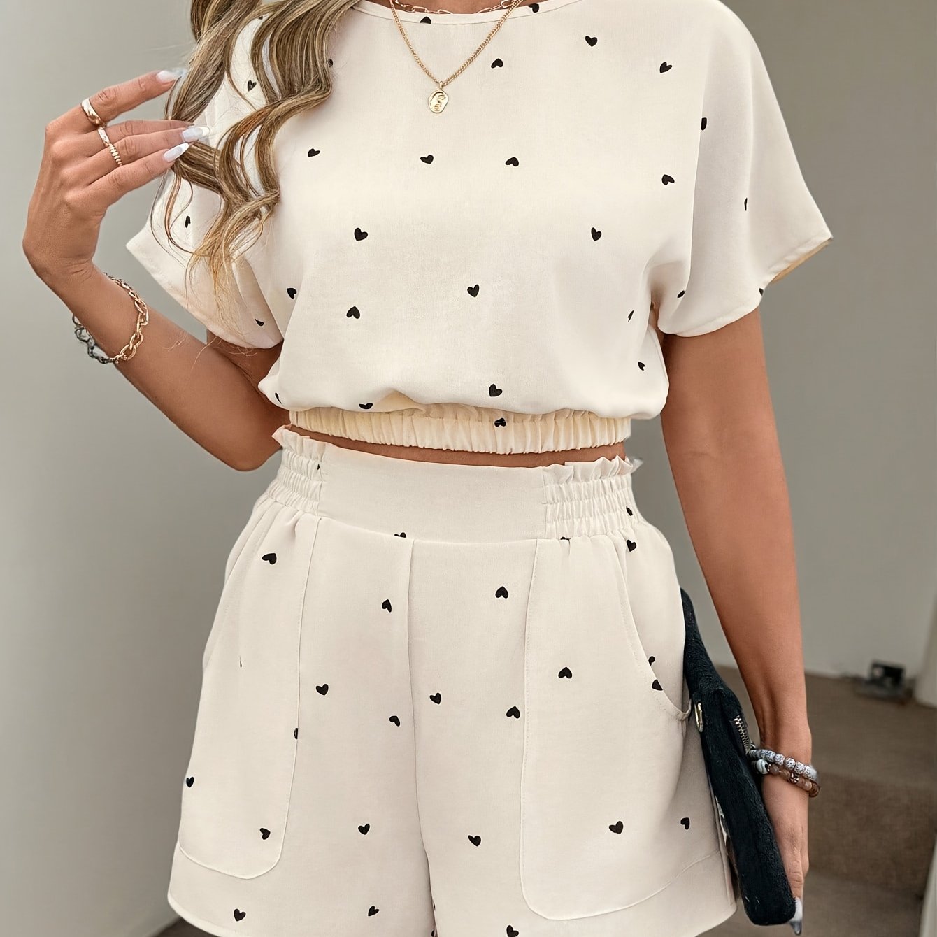 TEMU Conjunto elegante de vestido corto de manga corta con estampado de corazones para mujer