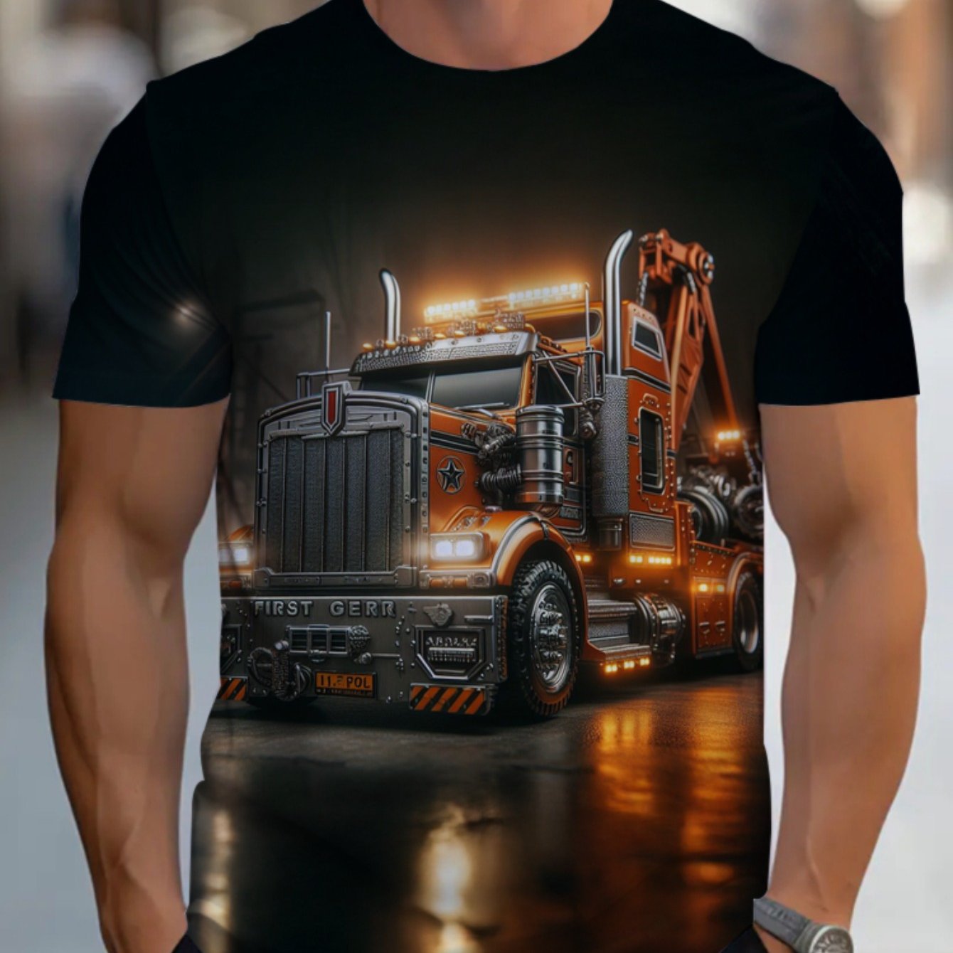 TEMU Men's Polyester Fashion Short Sleeve T-shirt Featuring Detailed Truck Graphic, Perfect For Casual Wear In Garage Or Workshop, Lightweight And In