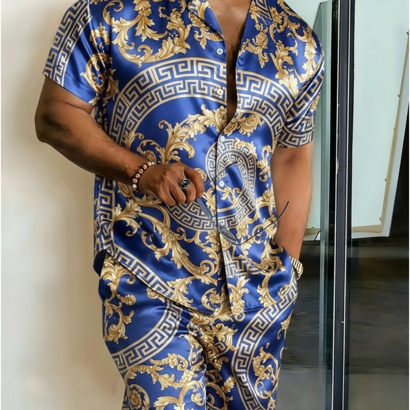 Image of 2pcs, Men's Short Sleeve Collar Shirt Shorts Set In Royal Blue With Golden Pattern, Lightweight Comfortable 2pcs For Home, Living Room, Dining, Casual Daily Wear