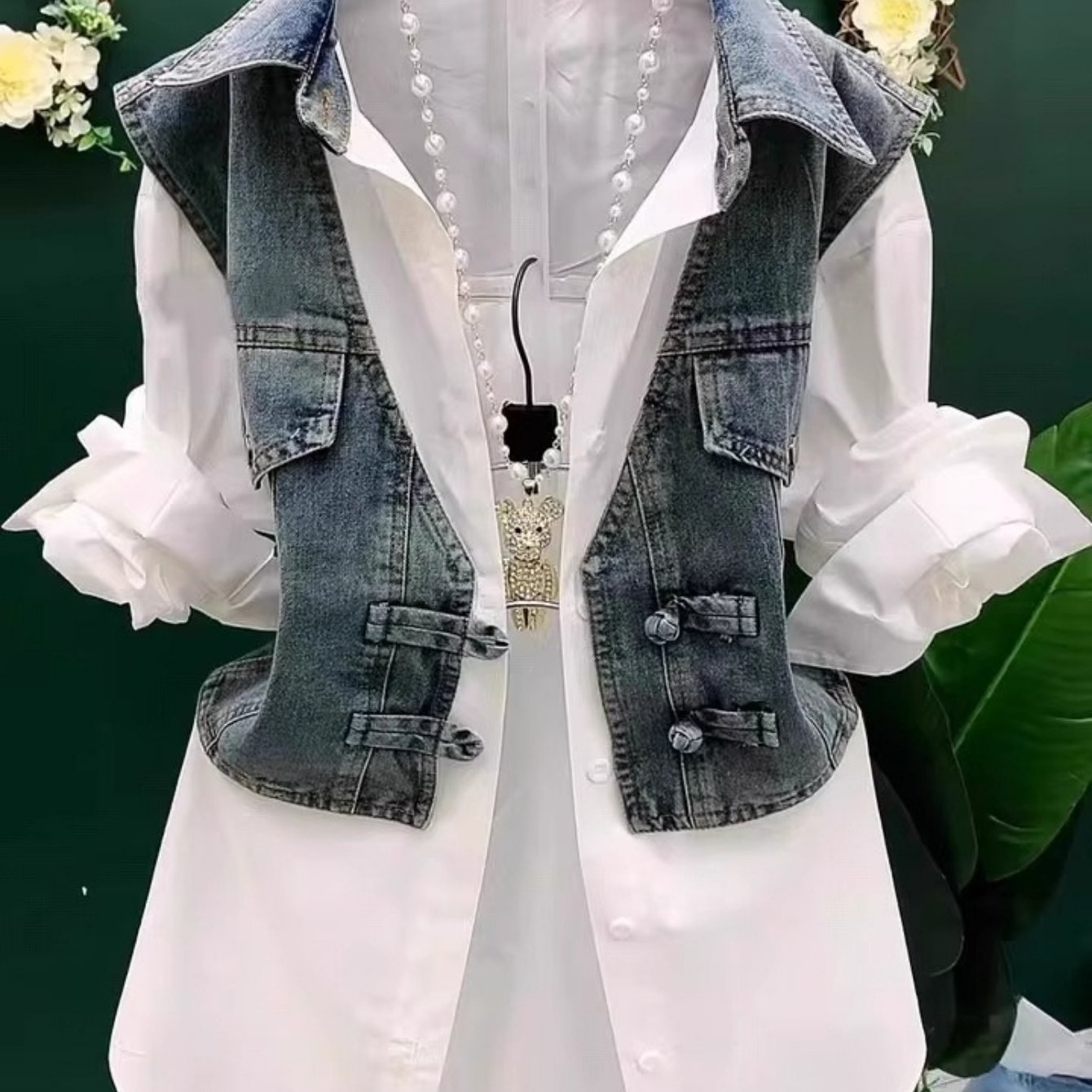 TEMU Denim Vest Splicing Shirt Fake 2pcs Set Women's Fashion Collar Button- Shirt Summer Style Button- Shirt