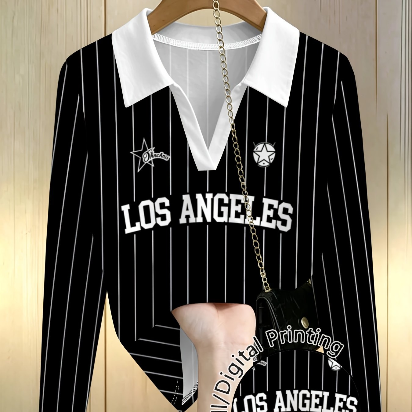 TEMU Vintage Stripe Women's Long-sleeve Shirt With Fashion Letters And All-matching, Figure-flattering Design - Essential For Everyday Wear, Parties,