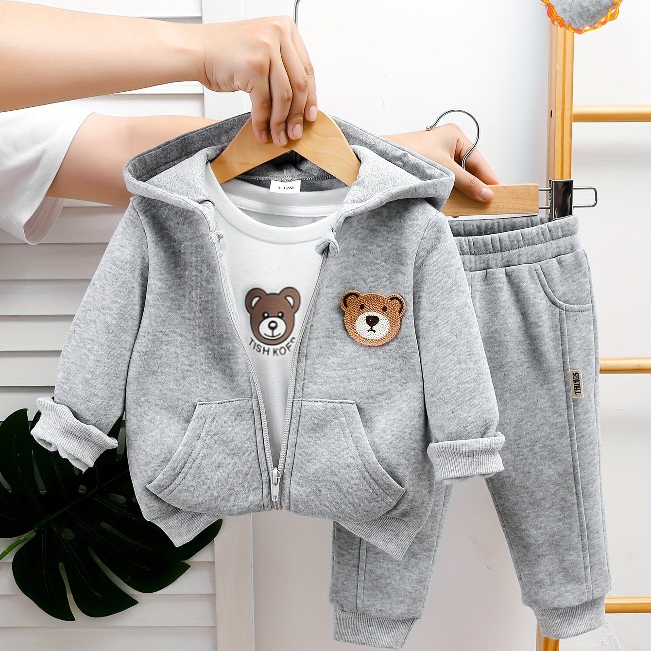 Boys Fleece Warm Cute Fleece Zip-up Shirt Set And Gray Hooded Jacket Bear Patch Cute And Trendy Fleece Lining Lock Hood Design Windproof And Stylish Daily School Outdoor Fun 1 Set Complete And Fashion