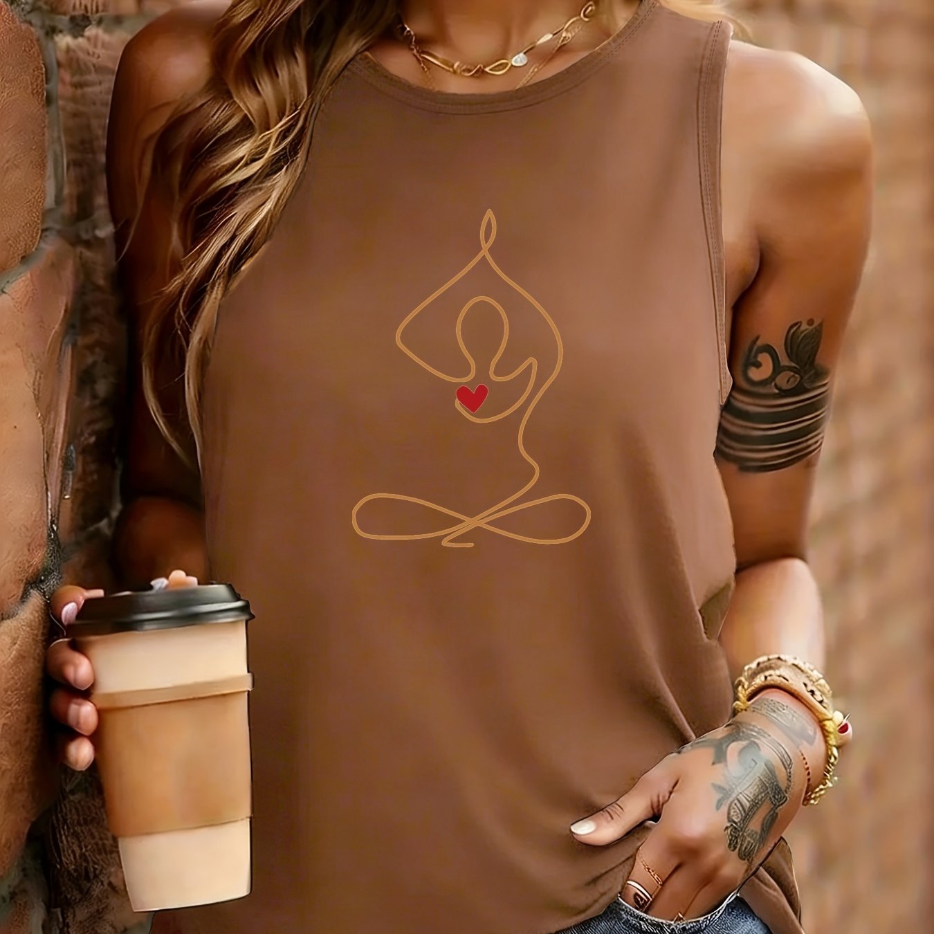 TEMU Yoga Athletic Wear Women's Round Neck Sleeveless Tank Top Print Design, Comfortable Skin-friendly Breathable Machine Washable Fabric, Fitness