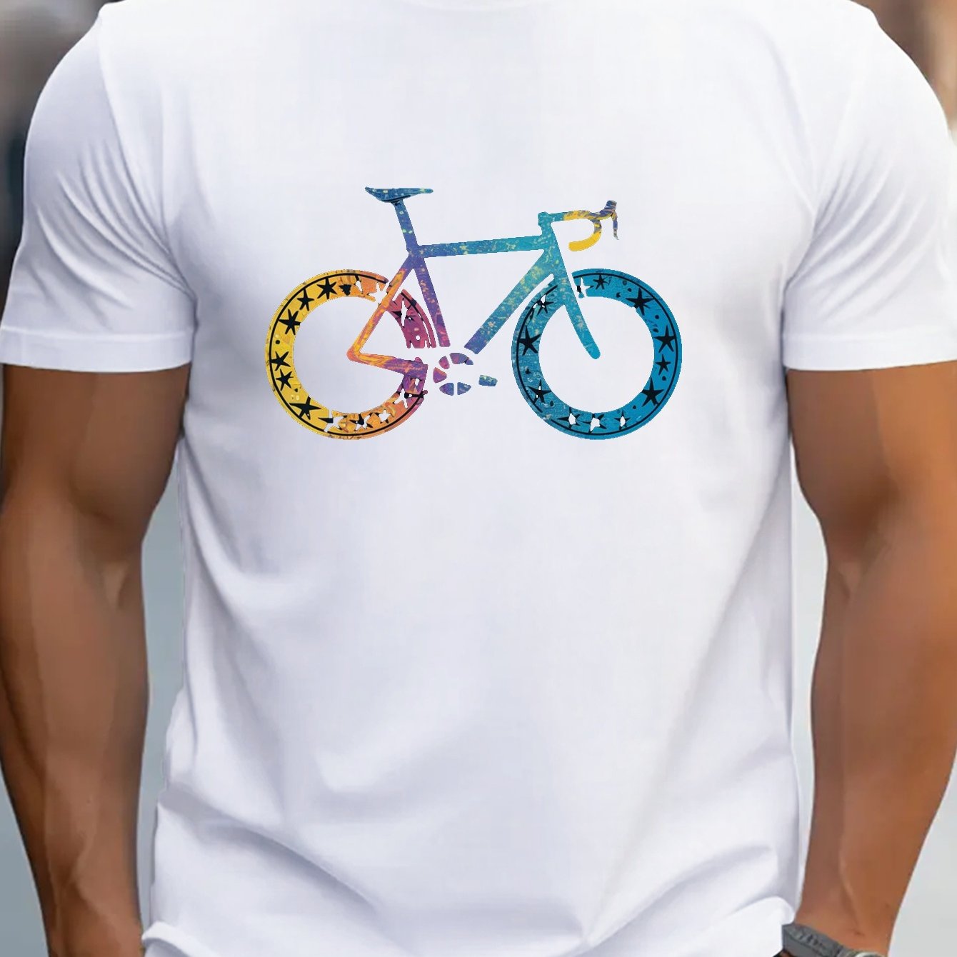 TEMU Creative Colorful Bike Graphic Print, Men's Crew Neck Short Sleeve T-shirt, Casual Comfy Fit Top For Summer