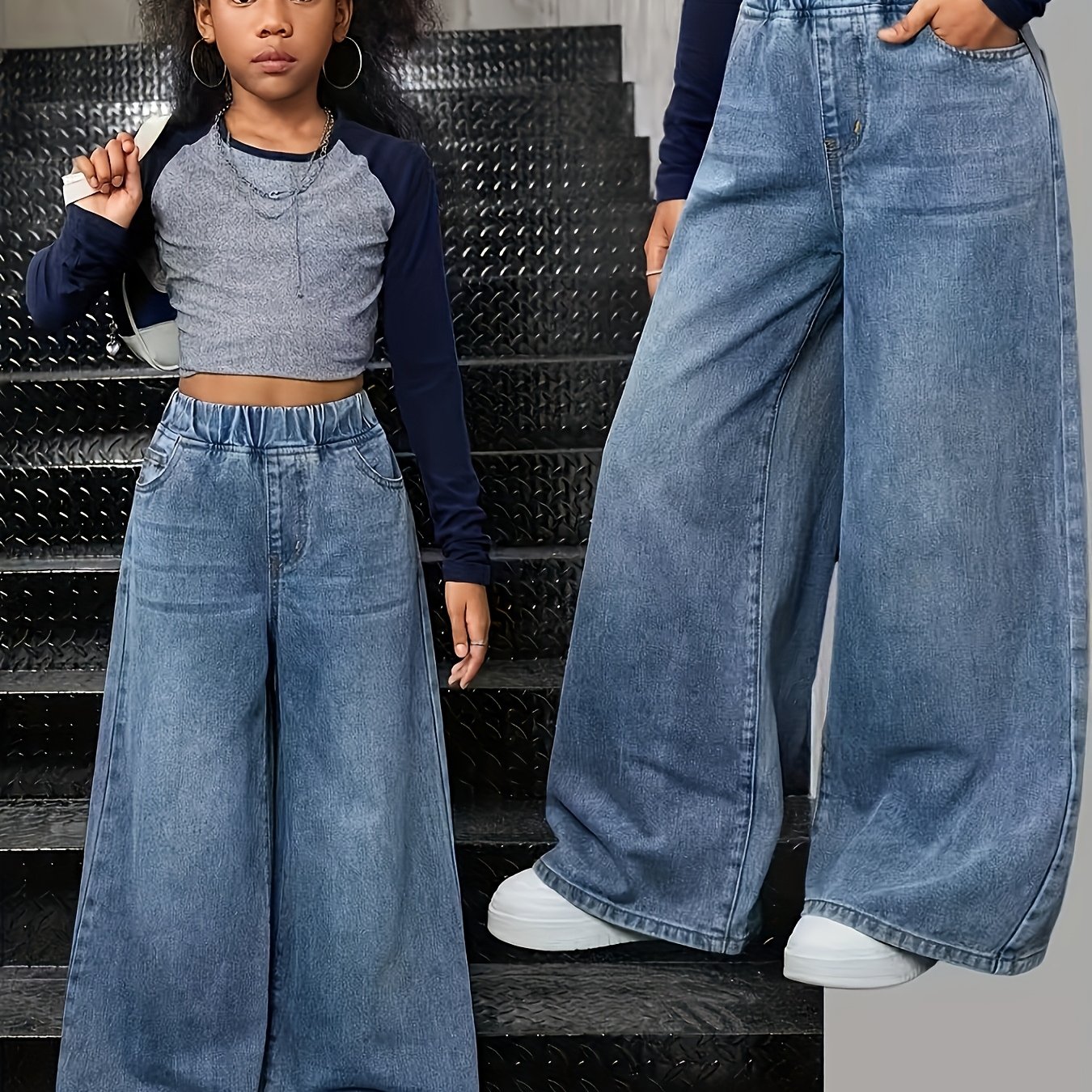 Image of Girl's Straight-leg Denim Pants, Y2k-style Washed Denim For Young Girls, Elastic Stretch Waistband, Loose And , Basic Fashionable Cut, Trendy And Style, For Daily , Casual Sportswear Trousers