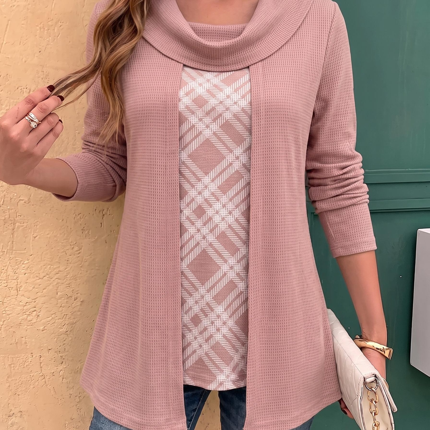 TEMU Haut pièces pour femme tendance et élégant, imprimé numérique, pull à col noué et manches longues, faux pièces pour femme, haut long pour femme