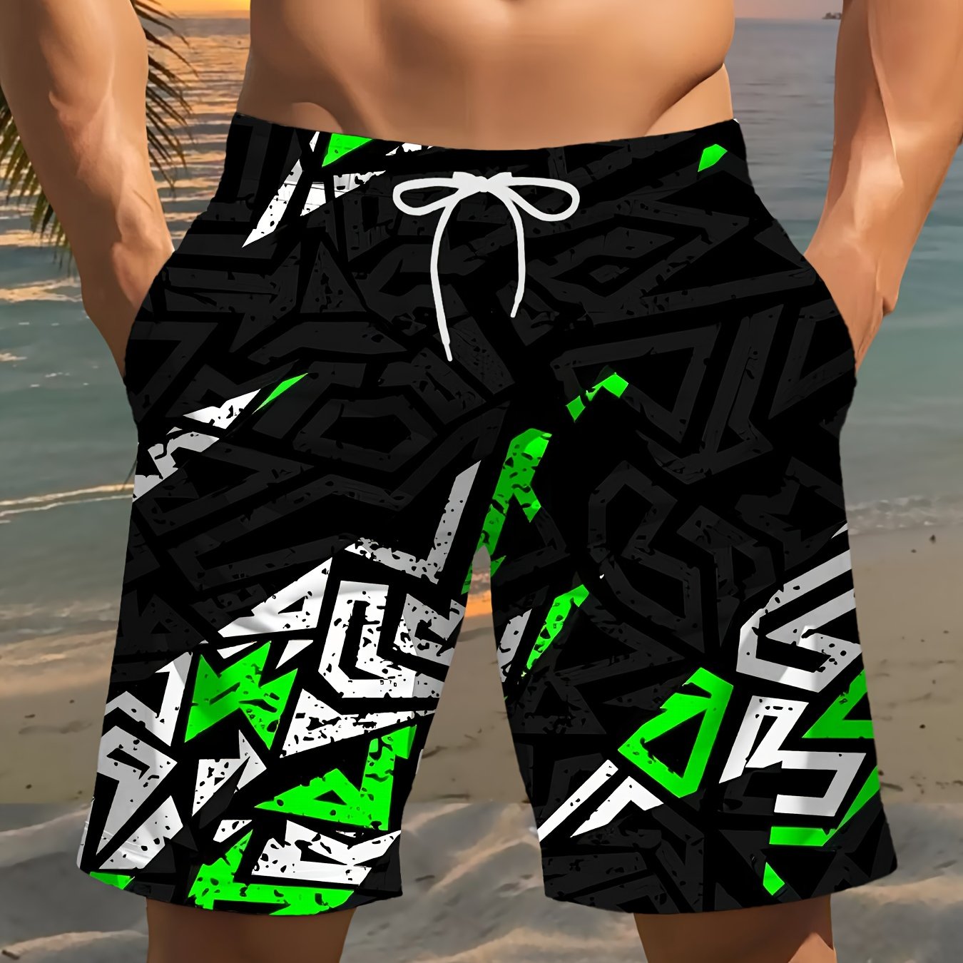 TEMU Men's Fashion Printed Beach Shorts With Geometric Pattern Print - Casual Polyester Fiber Drawstring Waist, Lightweight And Comfortable For