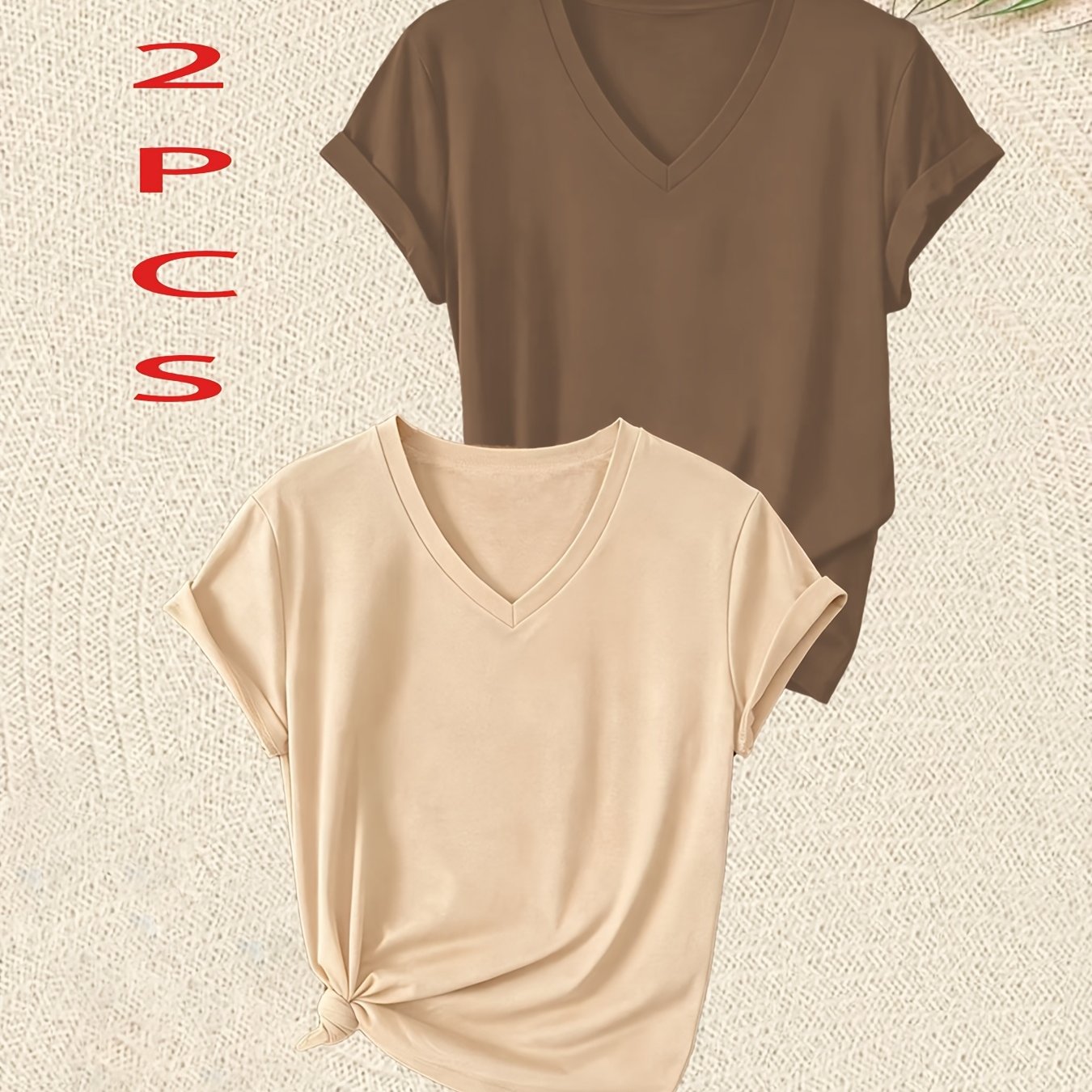 TEMU 2pcs Women's V-neck Short Sleeve T-shirt Set, Spring Summer Fall Solid Color Top, Suitable For Daily Casual Athletic Wear, Comfortable Versatile