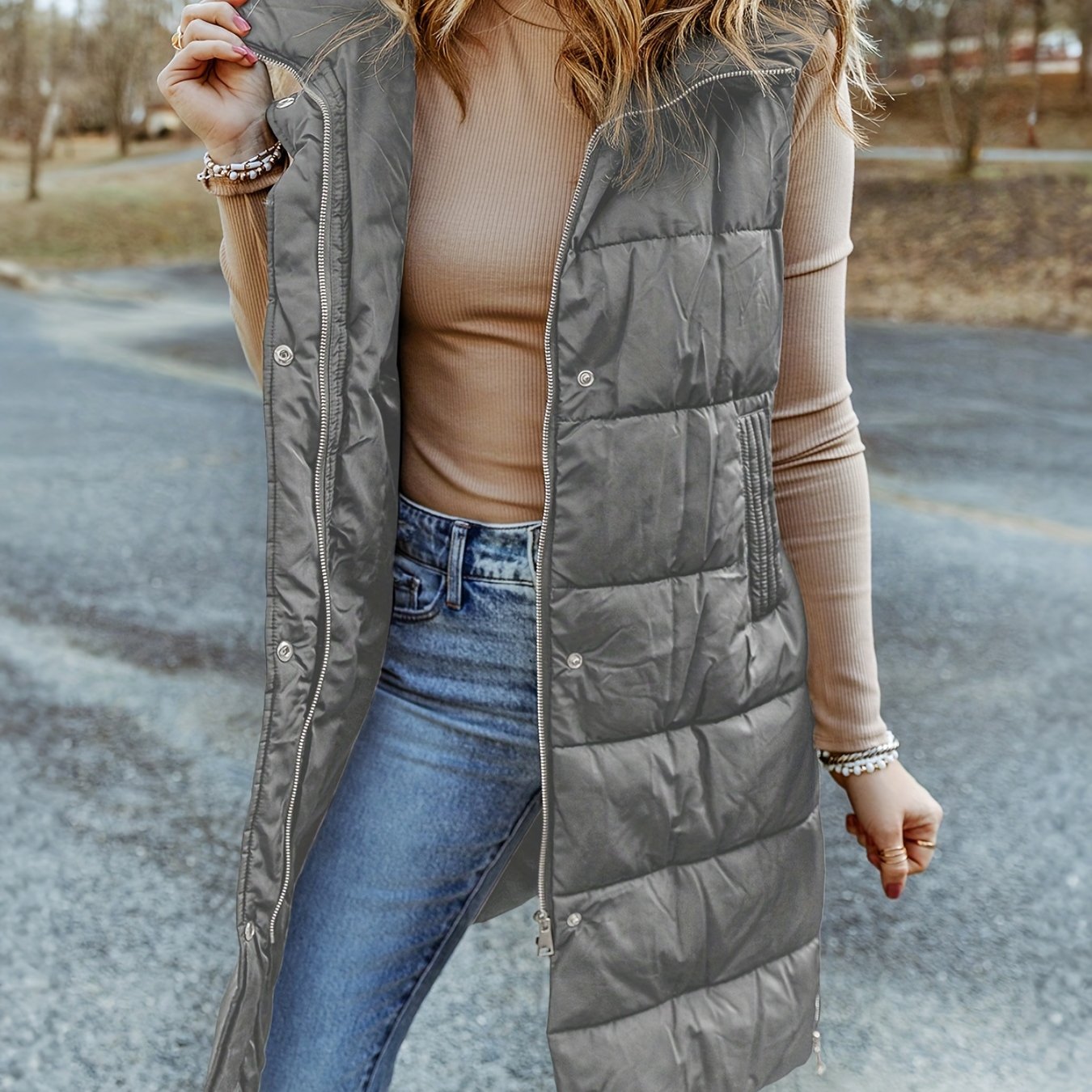 Women's Solid Quilted Detail Hooded Vest, Sleeveless Zip-up Snap Button  *-length Down Jacket With Slant Pocket, Winter Comfortable Coat