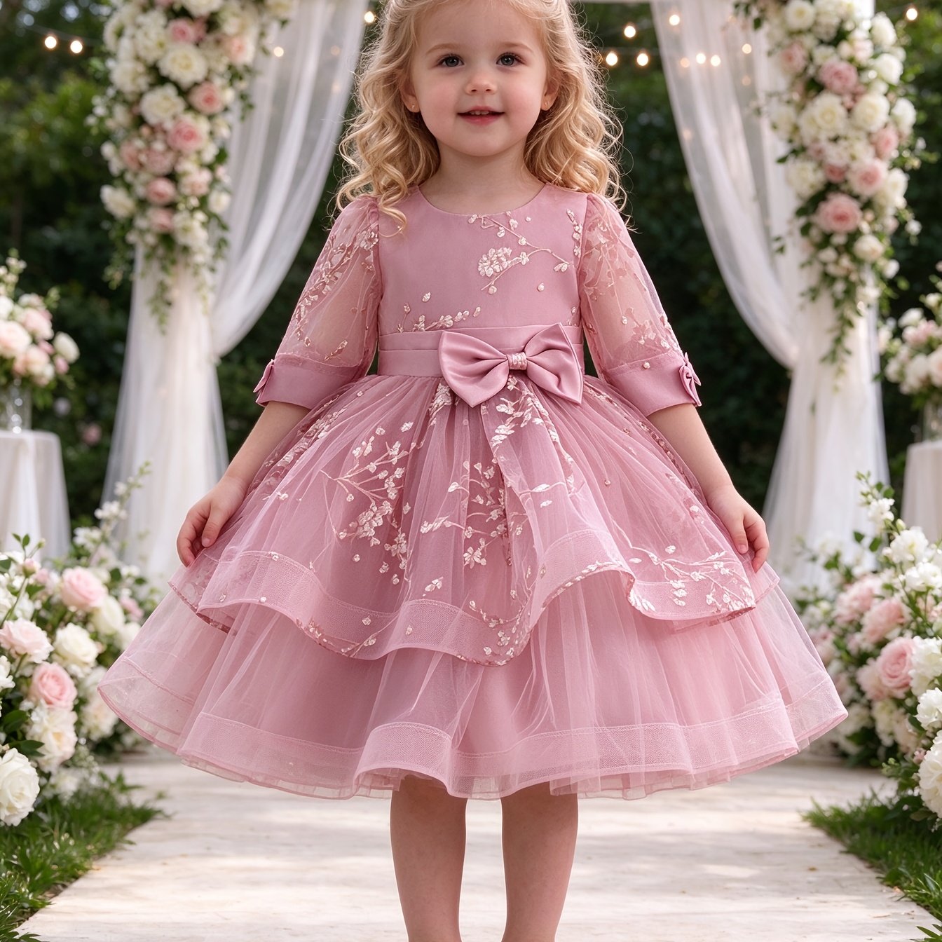 Image of Girls' New Summer Style Fluffy Short-sleeve High-end Formal Dress With Bow, Stylish Princess Dress, Christmas Girls' Clothing, Christmas Gift, Christmas Print, Summer, Regular Fit, Daily Wear