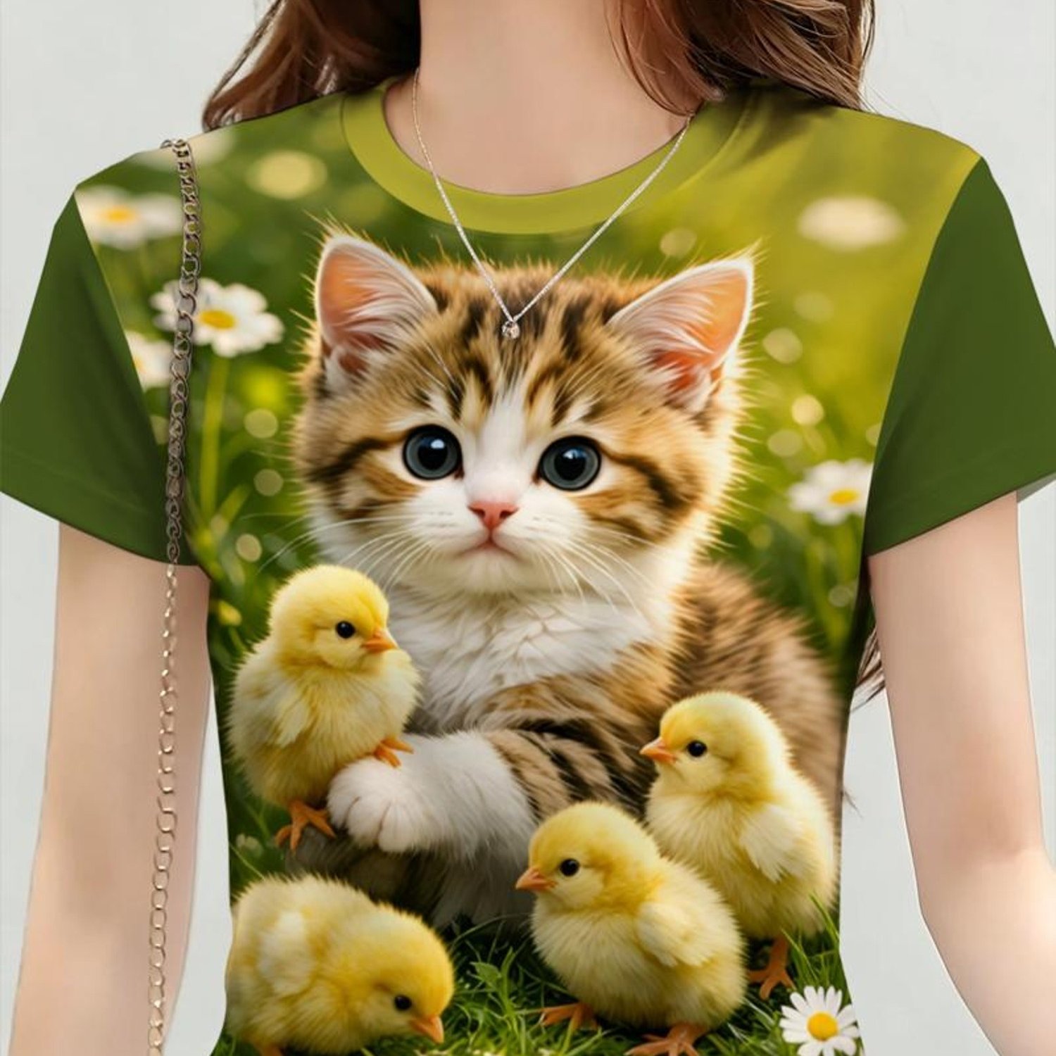 TEMU Women's Fashion T-shirt, Cute Kitten And Chick Print, Casual Wear And , Bright And Design, Comfortable And Stylish