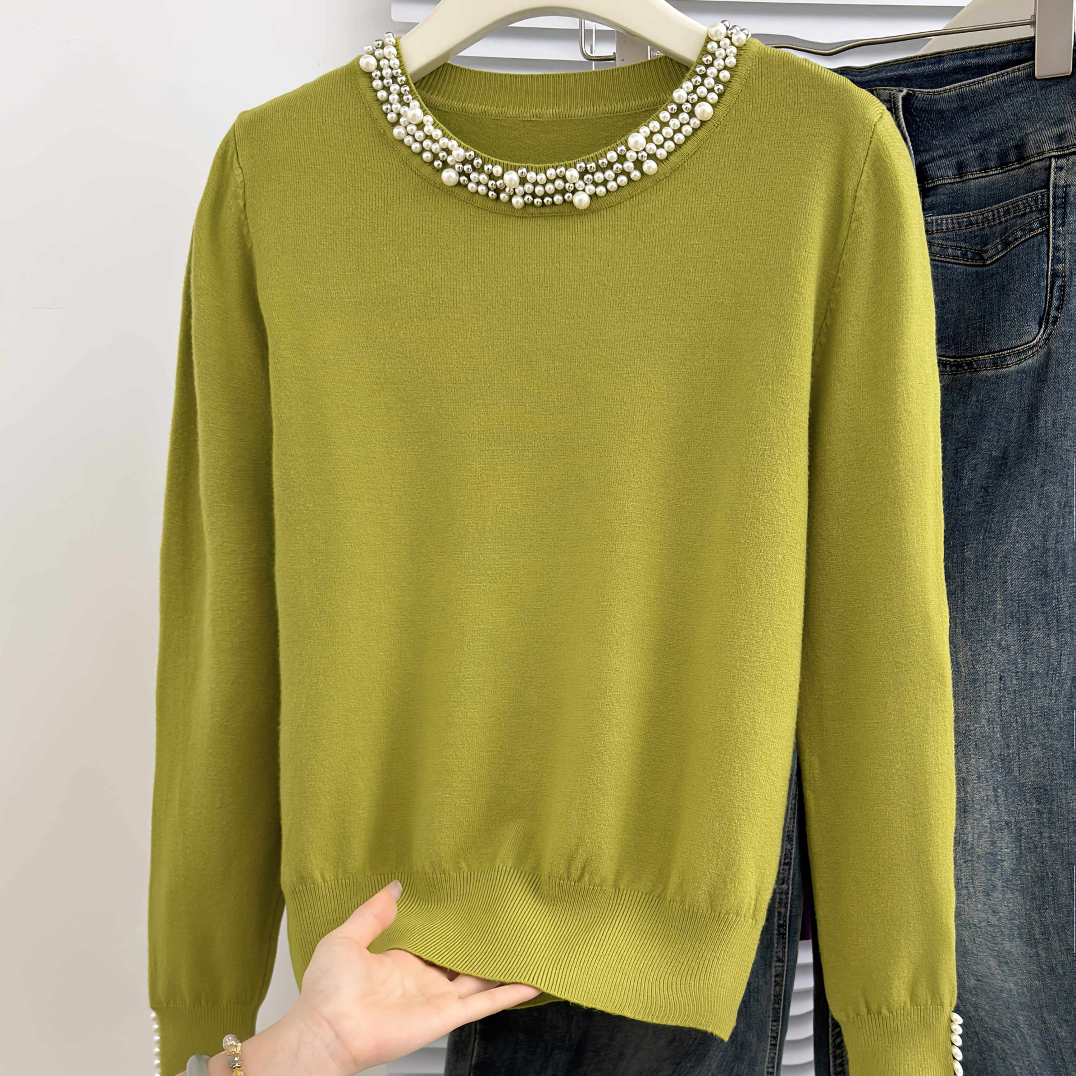 E-shop Damens Elegantes Langarm-Perlenoberteil - Olivgrüner Rundhals-Pullover mit Perlenverzierungen, Dehnbarer Lässiger Schicker Pullover für Herbst &