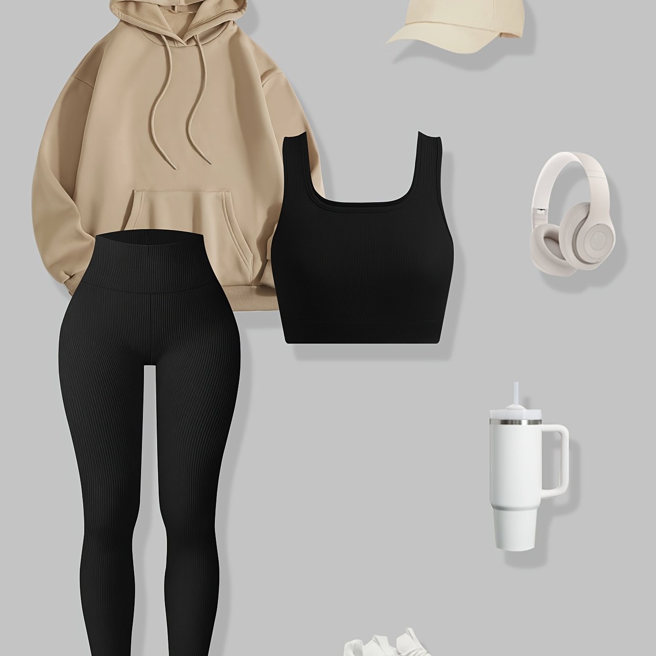 3pcs Women's Spring Autumn And Winter Casual Fashion Comfortable Hooded Loose Drawstring Sweatshirt, Elastic Ribbed Fitted Tank Top And Long Pants For And