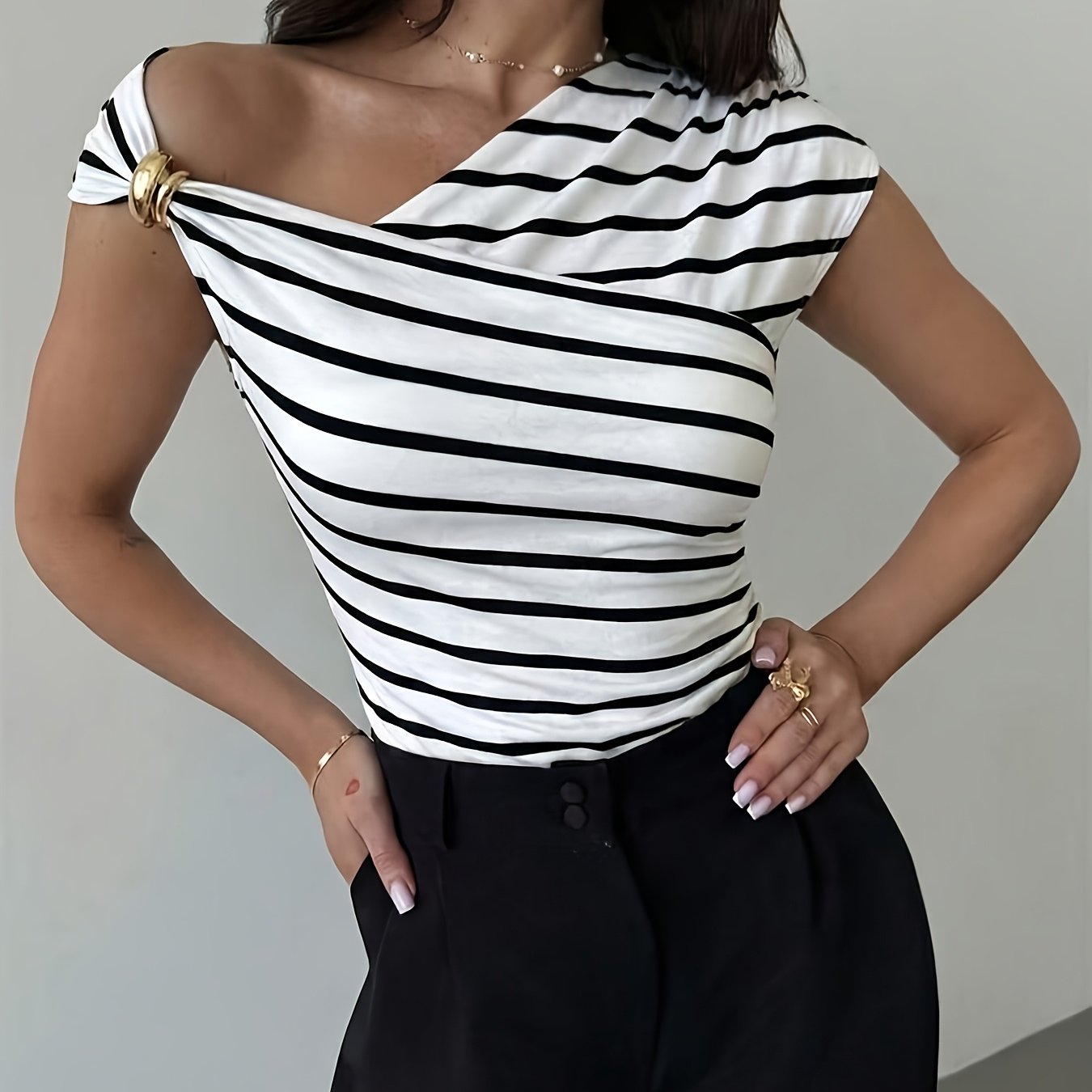 TEMU Asymmetrical Off-the-shoulder Metallic Ring Embellished Short Sleeve T-shirt