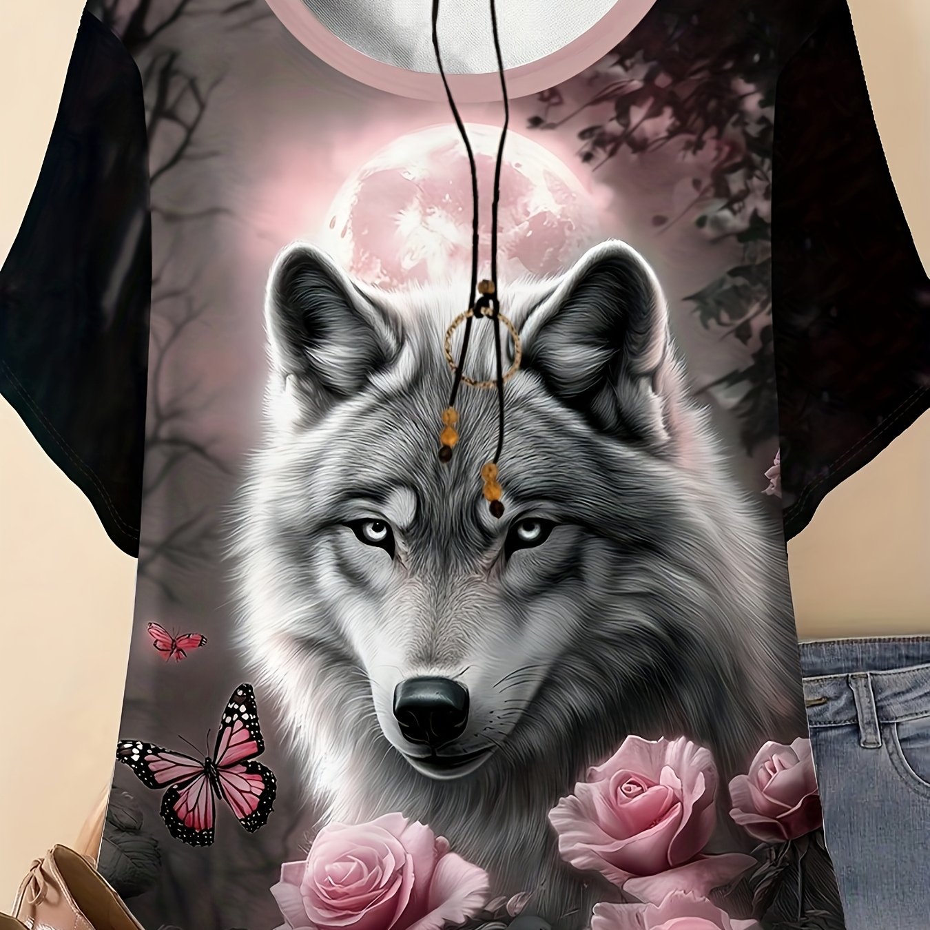TEMU Plus Size, Women's Plus Size Oversized Short-sleeve T-shirt - Breathable Wolf & Print Round Neck Top - Casual Summer Blouses Suitable For Spring