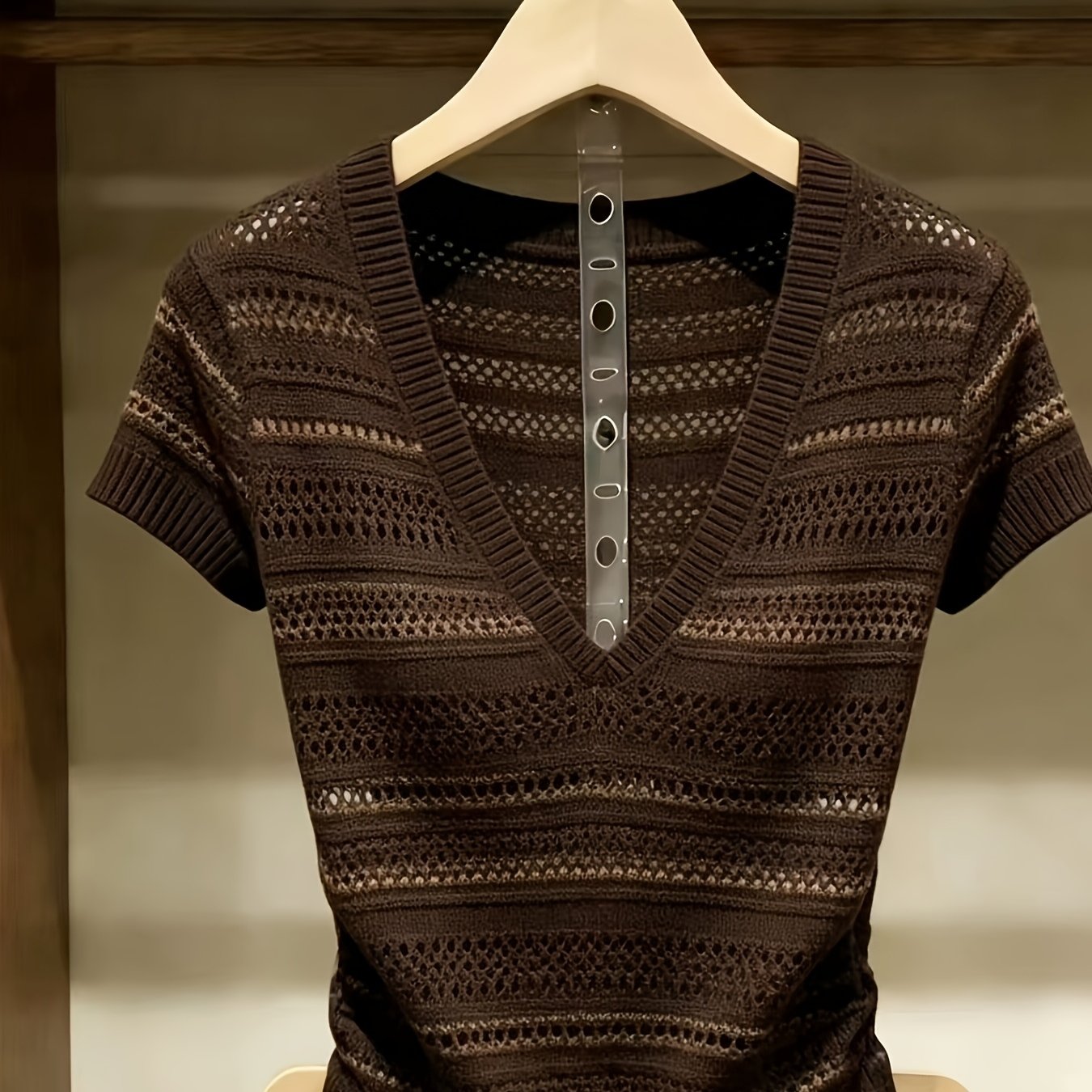 TEMU Spring Summer Hollow Striped Short Sleeve Top Light Mature Style Date All-match Women's Elegant Style Striped Sense Breathable Top Short Top