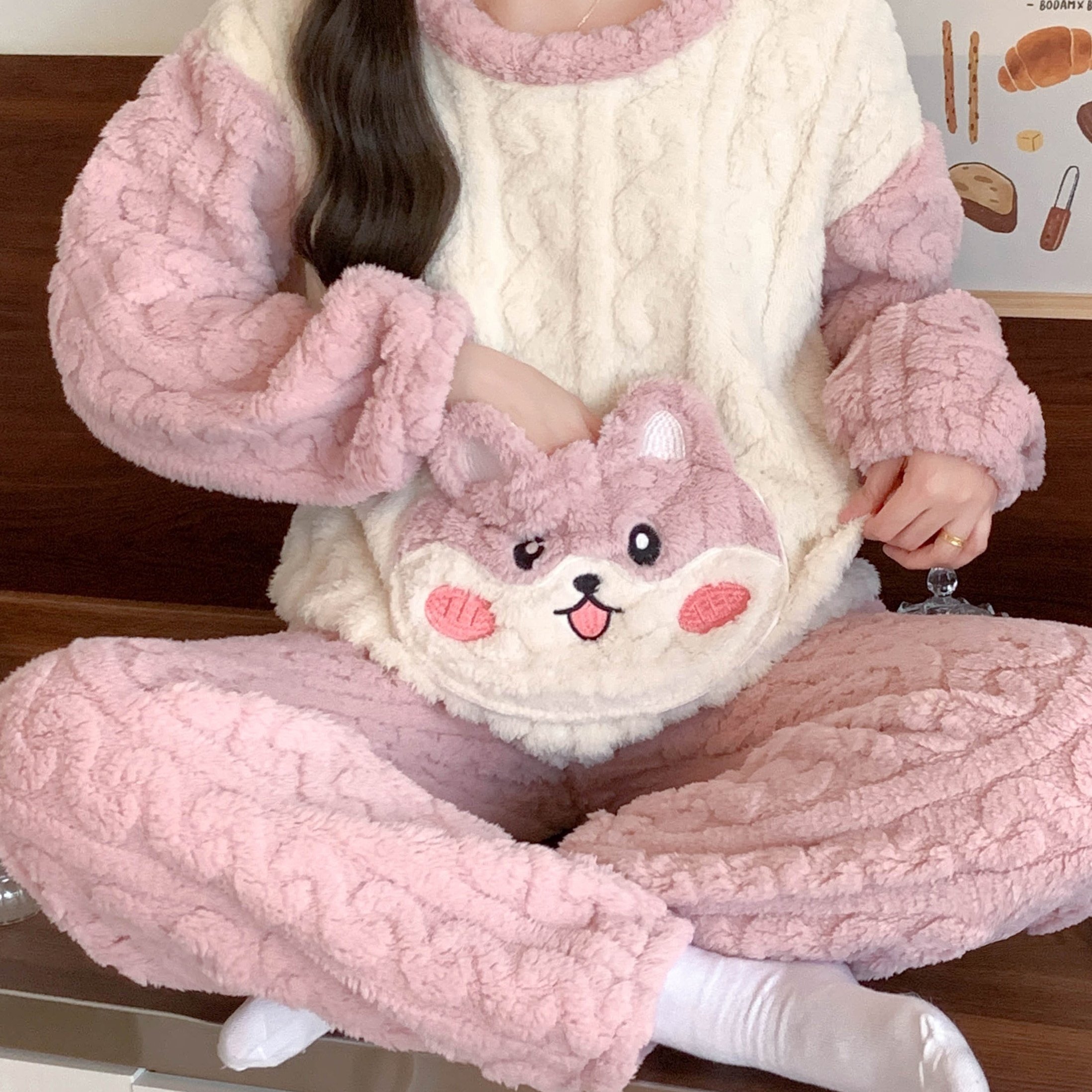 E-shop Flanell-Winter-Warm Langarm-Langarmhose Rosa Cartoon-gefüttertes Verdicktes Pyjama-Set mit