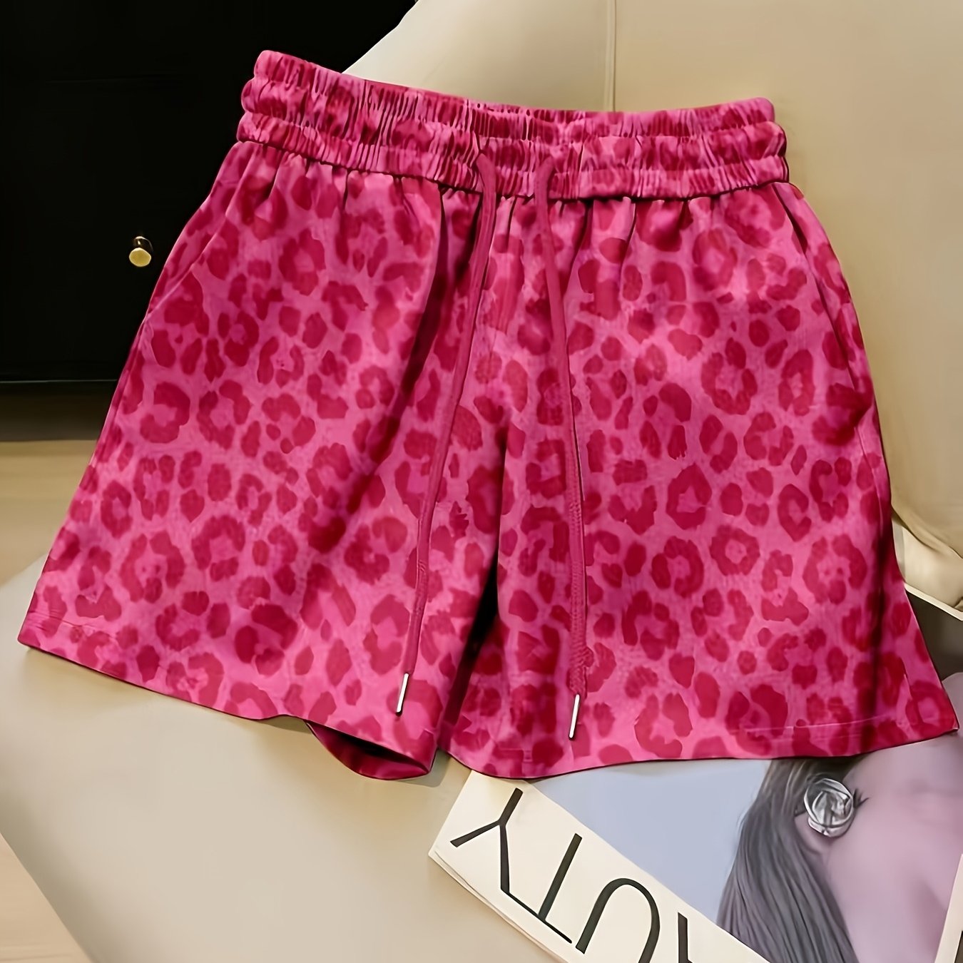 Image of Pocket Leopard Print Drawstring Shorts, Women's Fashion Spring Summer Leopard Print