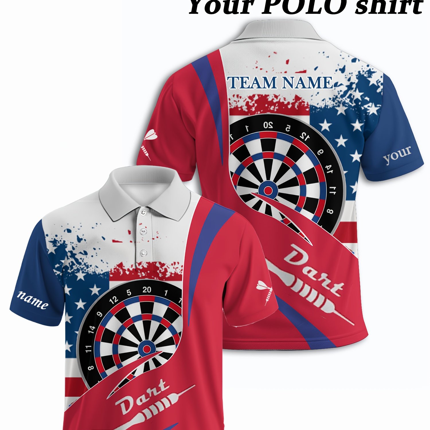 TEMU Customizable Men's Dart Shirt - Dart Pattern With Personalized Name, 3d Printing, Breathable Short Sleeves, Team Name Design, Breathable Summer