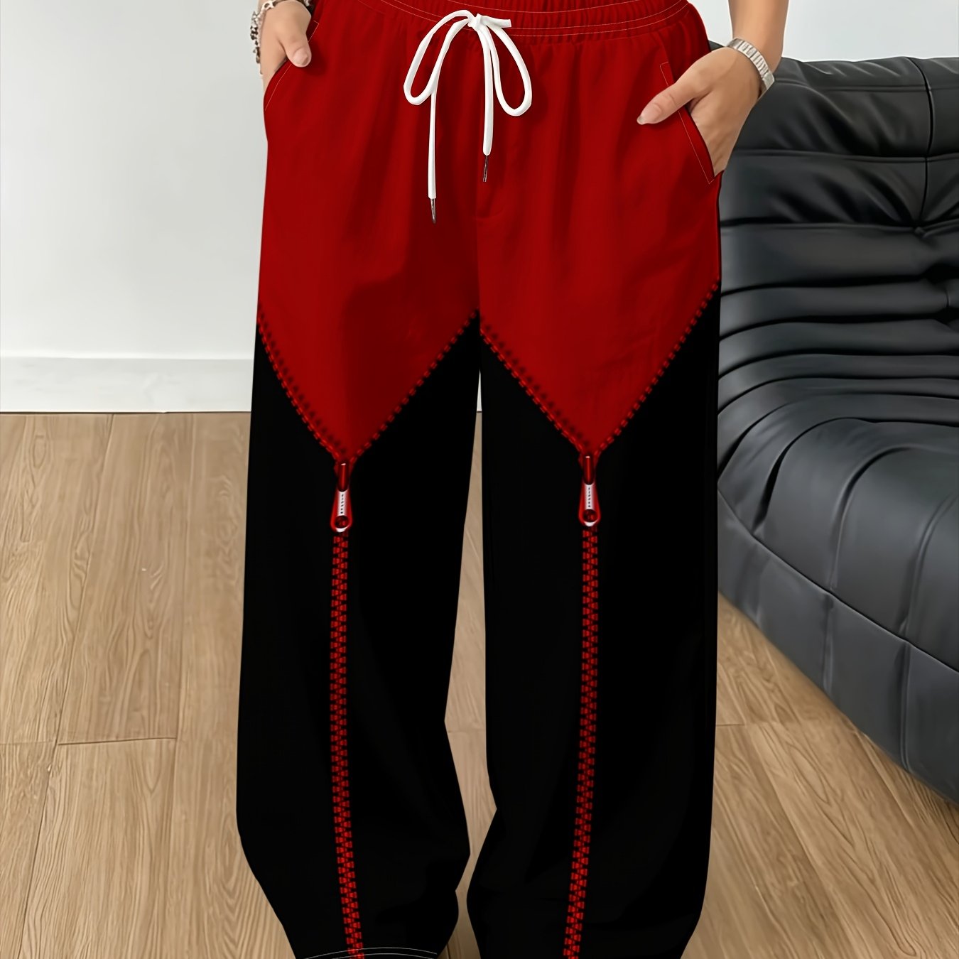 TEMU Top Red Bottom Black Color- Zipper Trendy Cool Printed Women's Long Pants, Wide-leg Trousers, Straight-leg Trousers, Drawstring High-waist