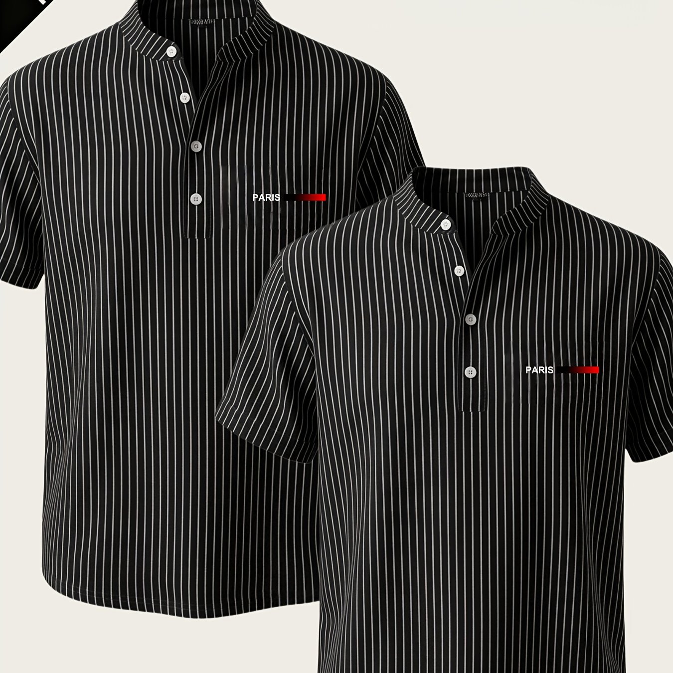 TEMU 2pcs Men's Striped Henley Shirt Set, Paris Chest Print Short Sleeve Shirt, Lightweight Breathable Regular Fit, Suitable For Casual Wear, Travel,