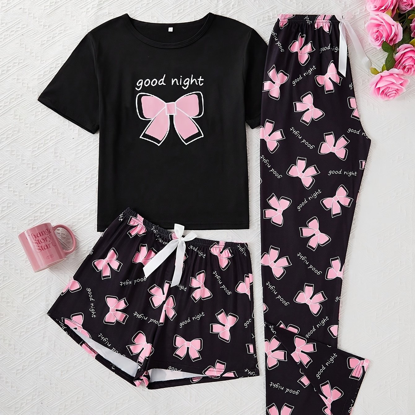 TEMU Women's Casual Cute Bow Pattern Print Short Sleeve T-shirt, Bow Decorated Shorts And Pants 3pcs Pajama Set