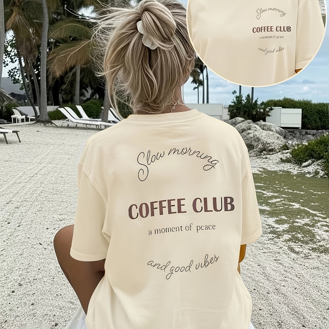 TEMU Double-sided Coffee Bean And Slogan Pattern Print - Spring And Summer - Casual Crew Neck Short Sleeve Women's Top T-shirt - Suitable For Daily
