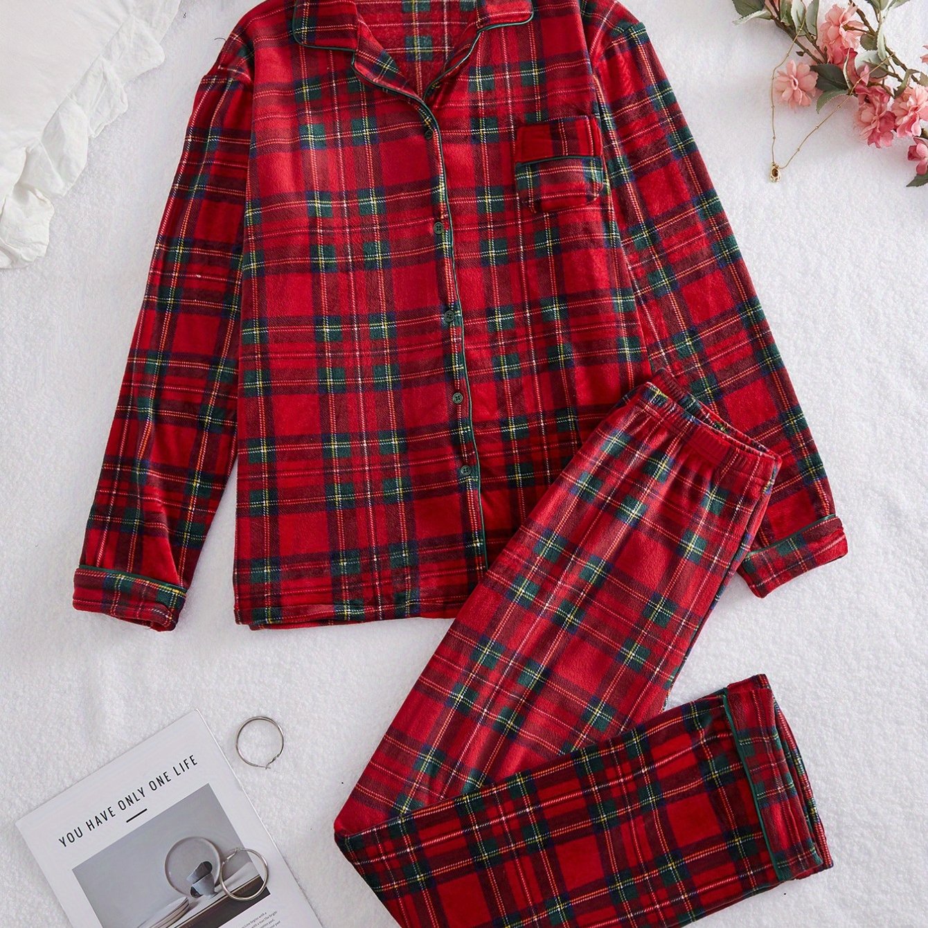 E-shop Winter Super Weiches Fleece Pyjama Set, Karomuster Pyjamas, Damen Freizeit Revers Loungewear Set