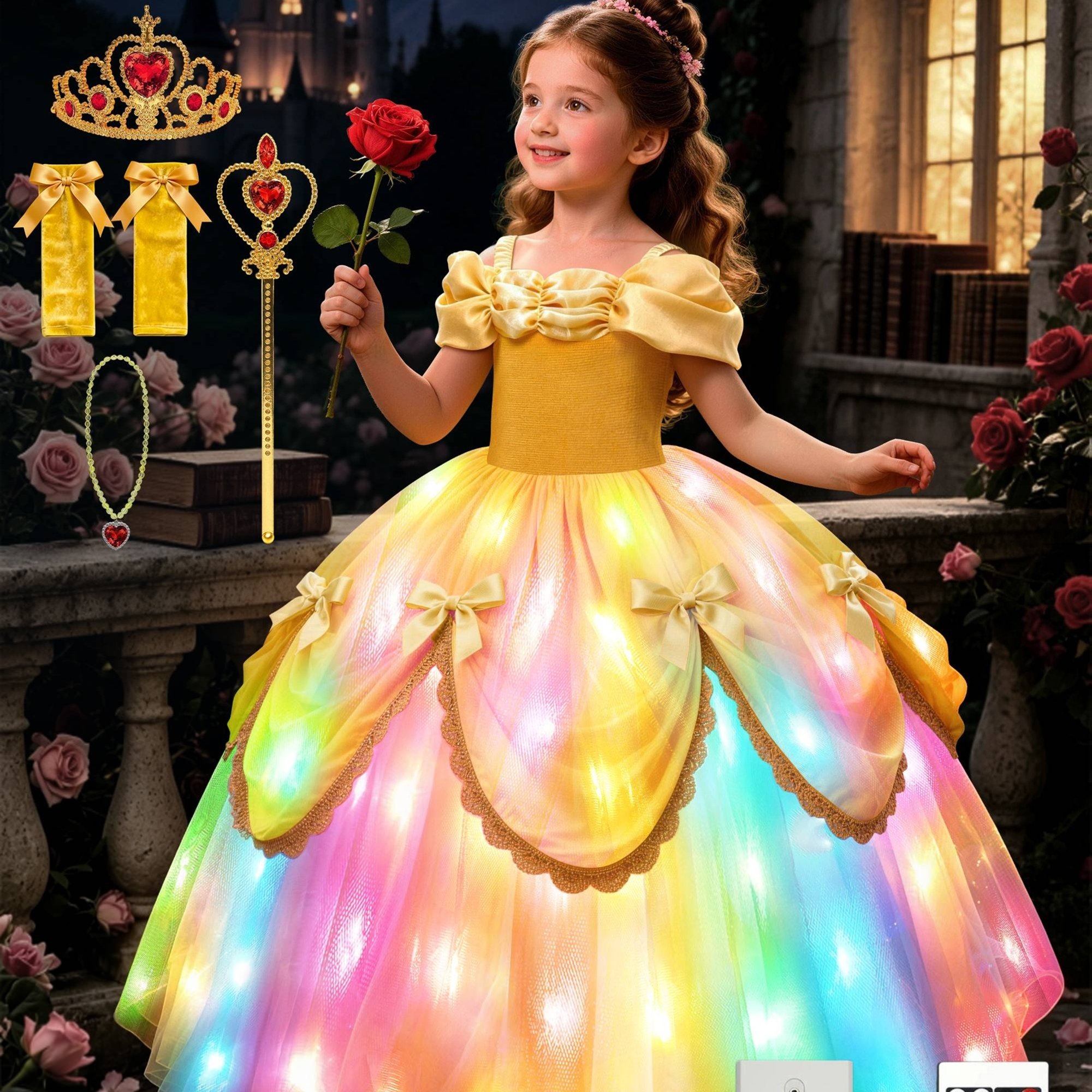 Girls' Princess Light Up Party Costume + Multiple Accessories Smart Bluetooth-controlled Led Dress Birthday Party Christmas Halloween Carnival Graduation Ball Dress (batteries Not Included)